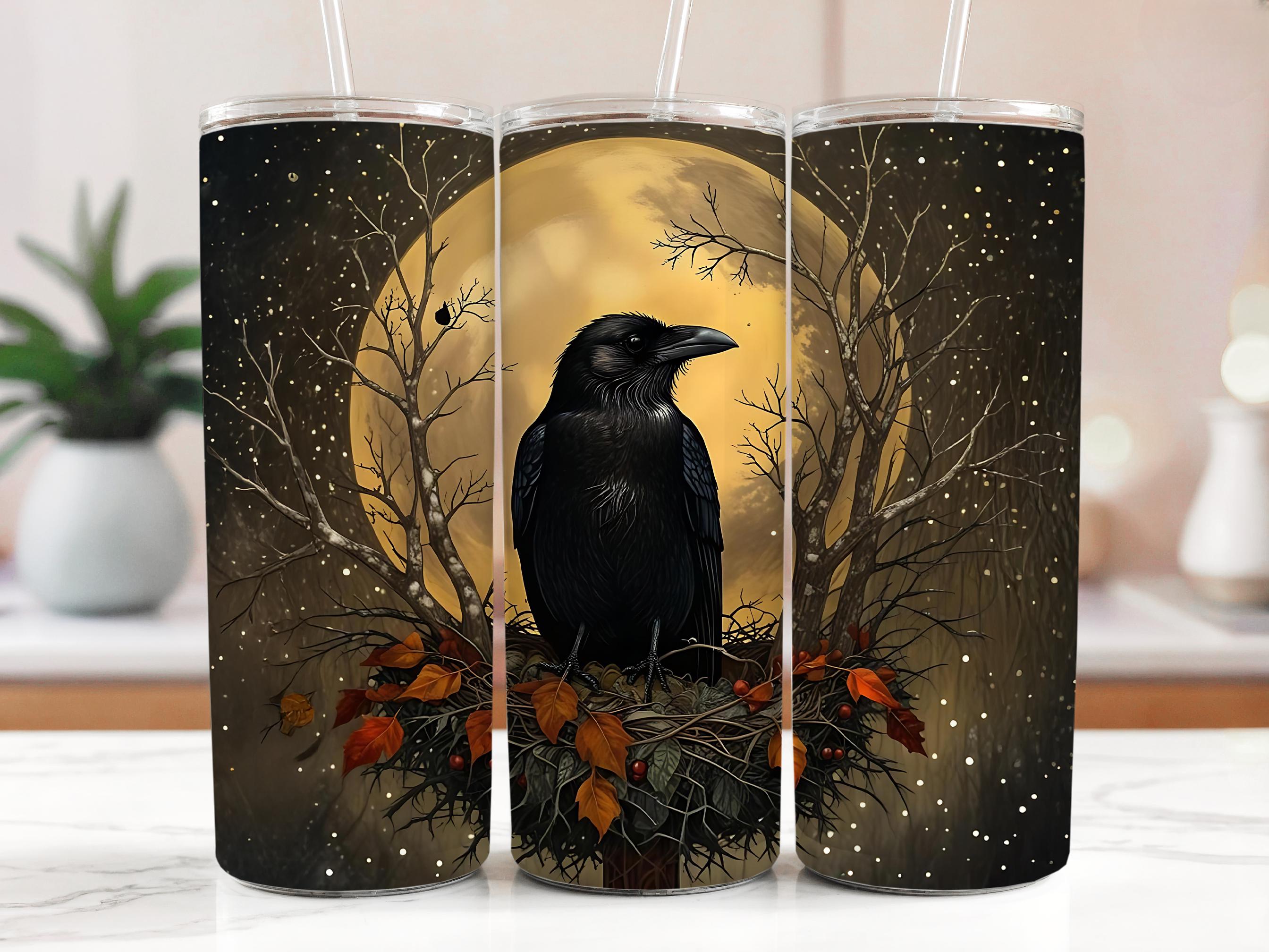Raven Full Moon Tumbler Wrap: Autumn Bird PNG Design (Digital Download))