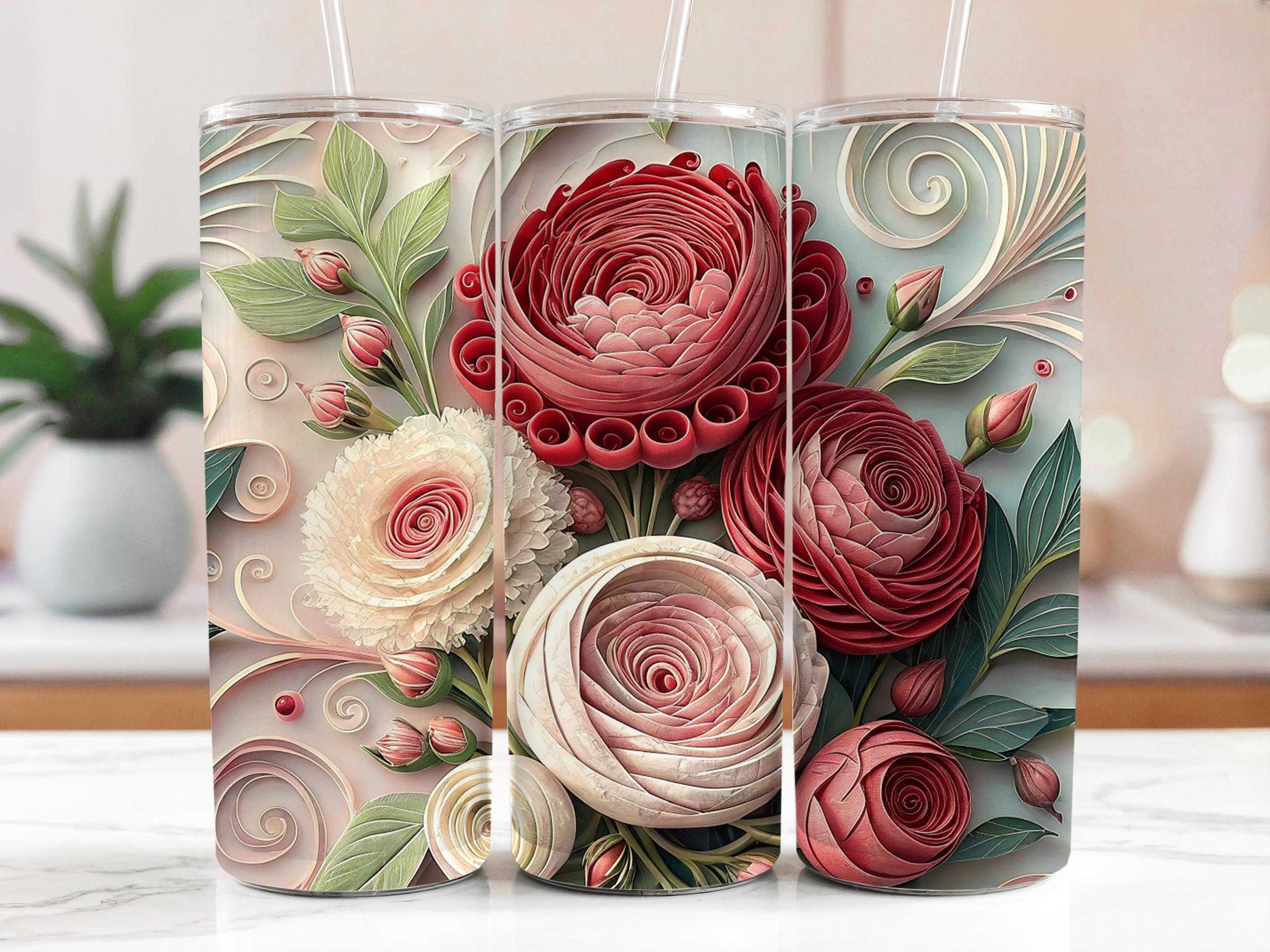 Quilled Roses Tumbler Wrap: Elegant Floral Sublimation Design (PNG Digital Download)
