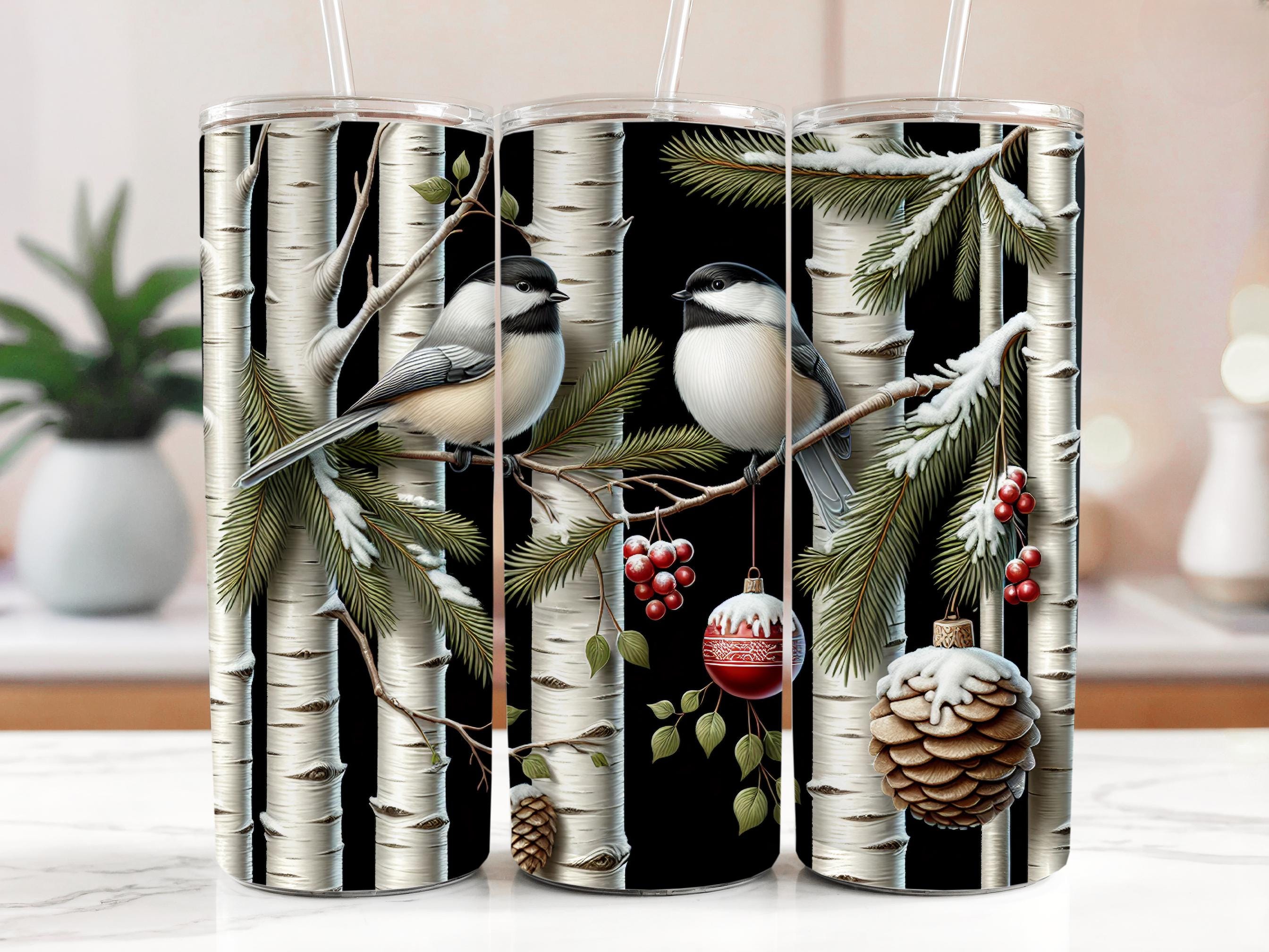 Chickadee Winter Tumbler Wrap: Birch Tree, Snow, Christmas (Digital Download)