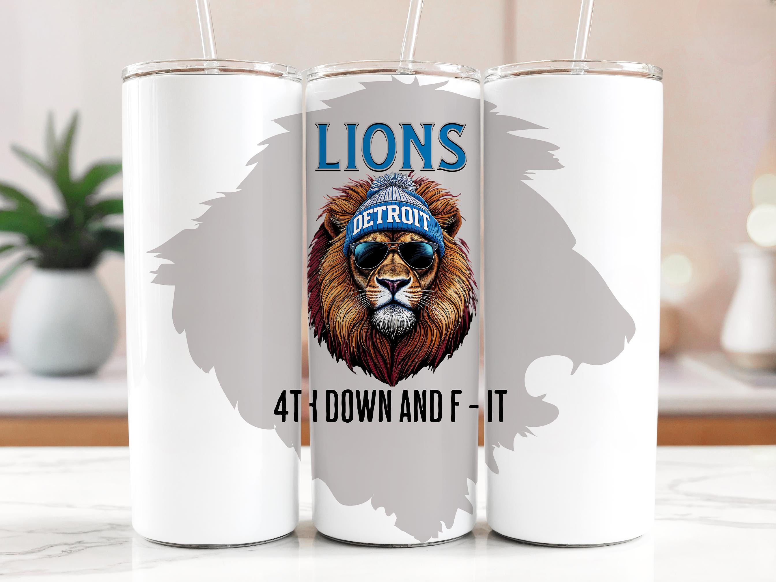Detroit Lions Tumbler Wrap, 20oz Skinny Tumbler PNG, Cool Lion With Beanie, 4th Down, Sublimation Designs, Digital Download