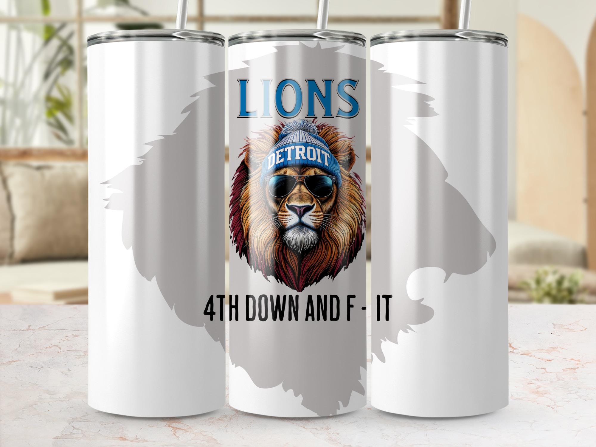 Detroit Lions Tumbler Wrap, 20oz Skinny Tumbler PNG, Cool Lion With Beanie, 4th Down, Sublimation Designs, Digital Download