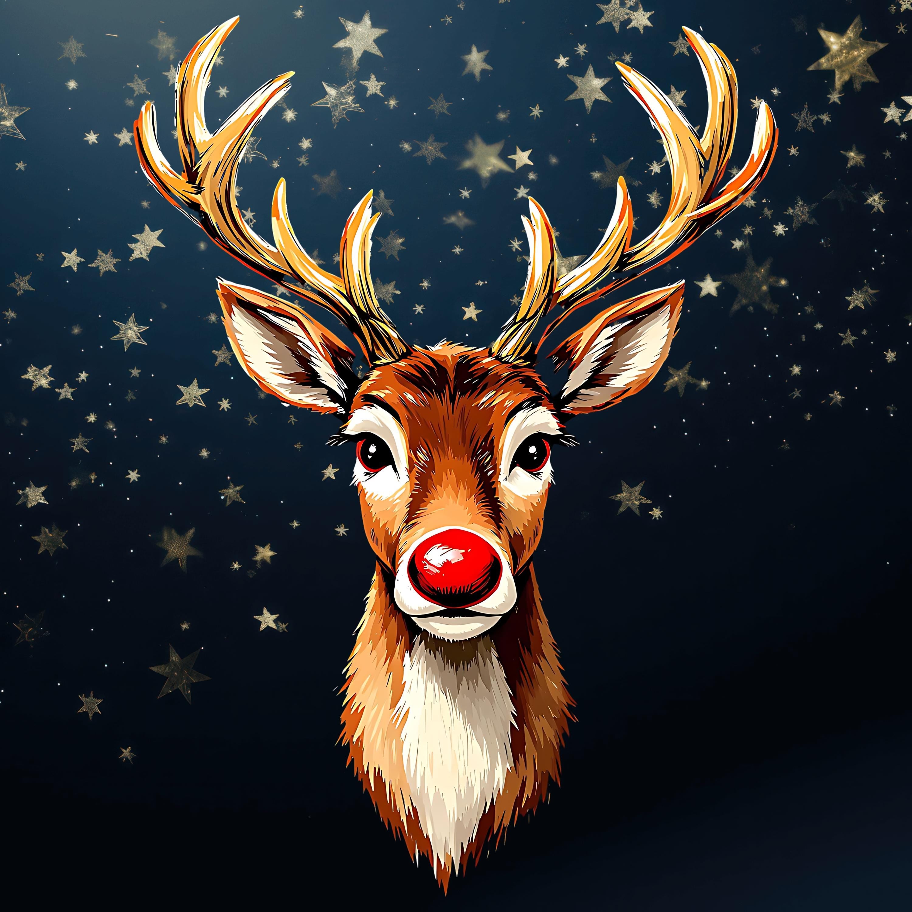 Red Nosed Reindeer Art Print: Christmas Starry Night Illustration (Digital Download)