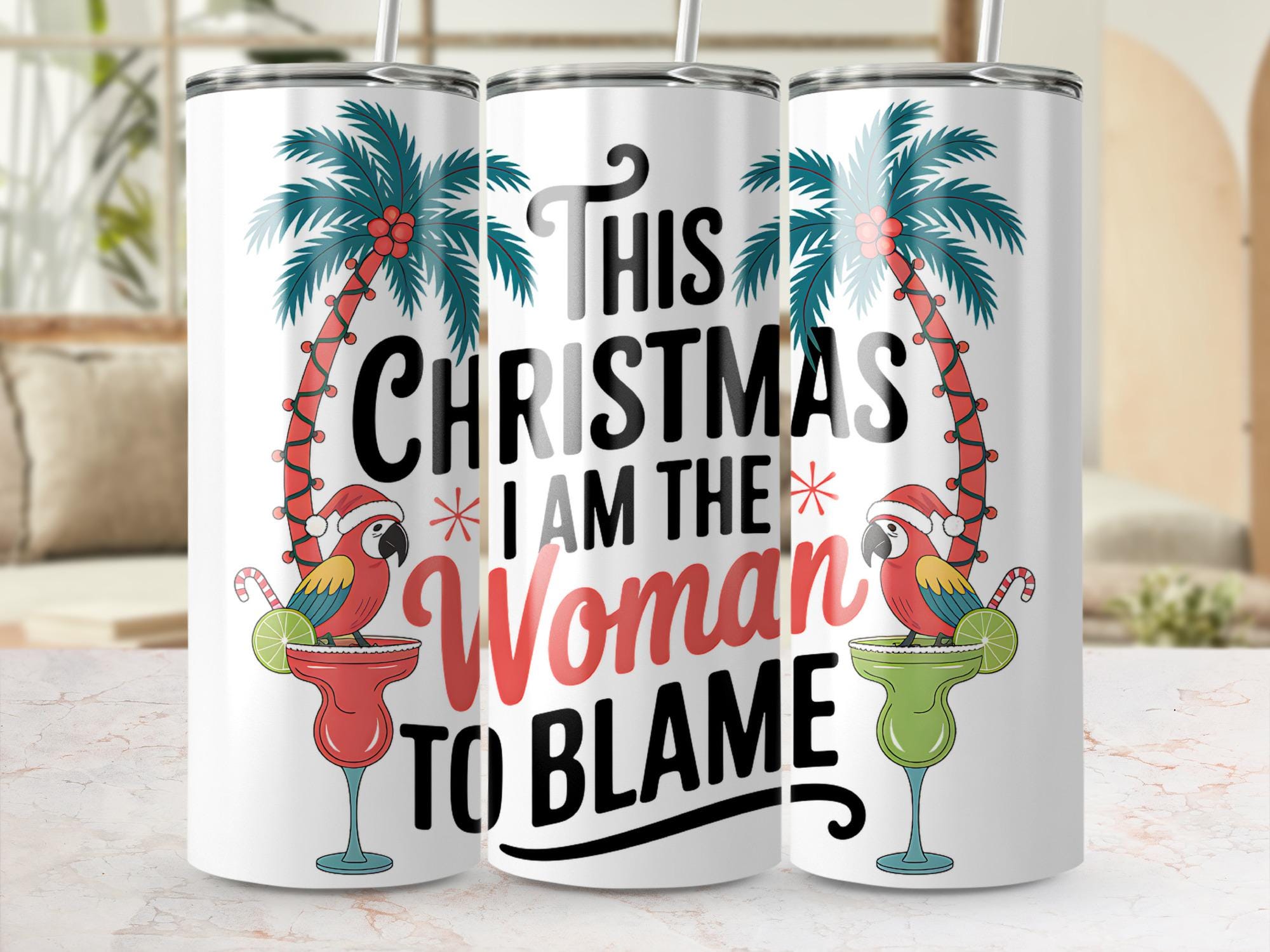 Tropical Christmas Tumbler Wrap: Parrot with Santa Hat (Digital Download)