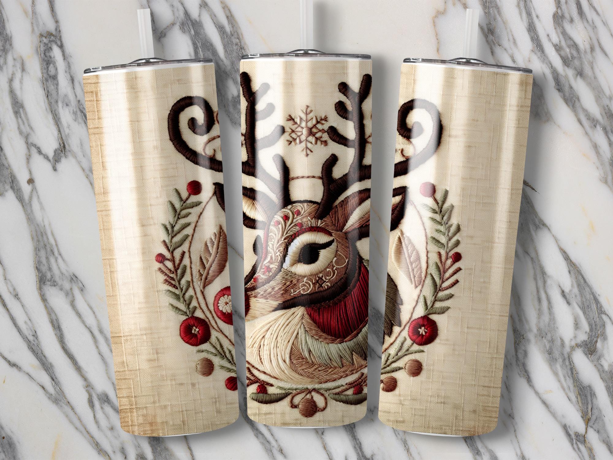 Embroidered Reindeer 20oz Tumbler Wrap: Christmas Holiday Design (Digital Download)