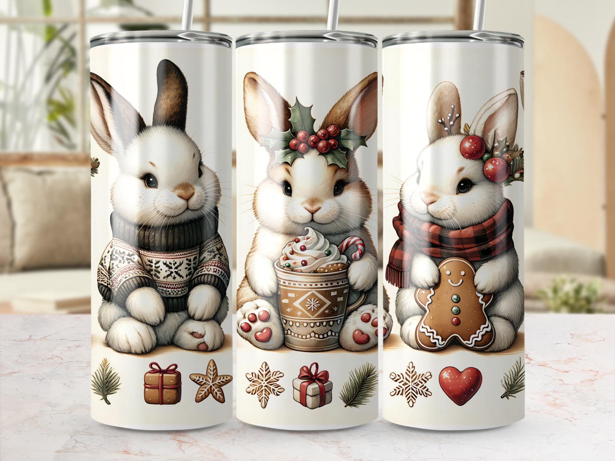 Winter Bunnies Tumbler Wrap: Christmas Rabbit Cocoa Design (Digital Download)