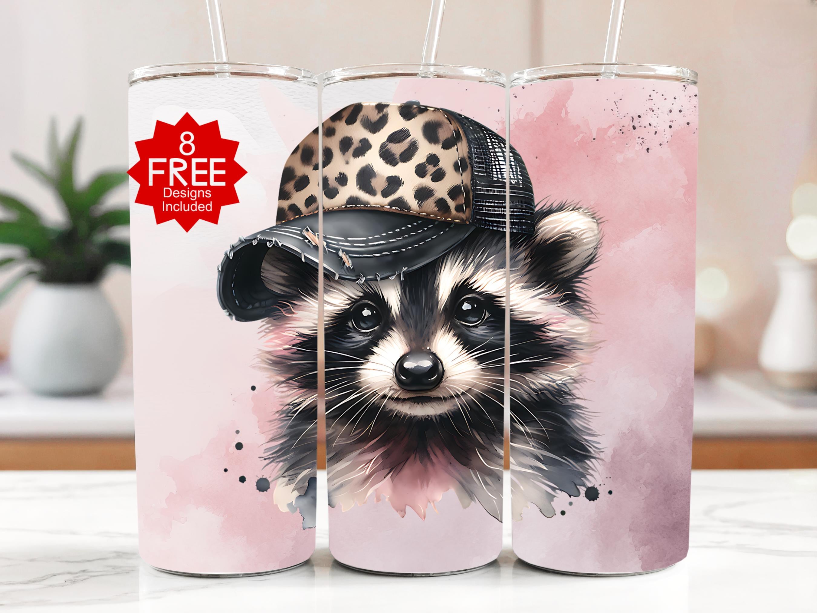 Raccoon Leopard Hat 20oz Tumbler Wrap: Girly Animal PNG (Digital Download)