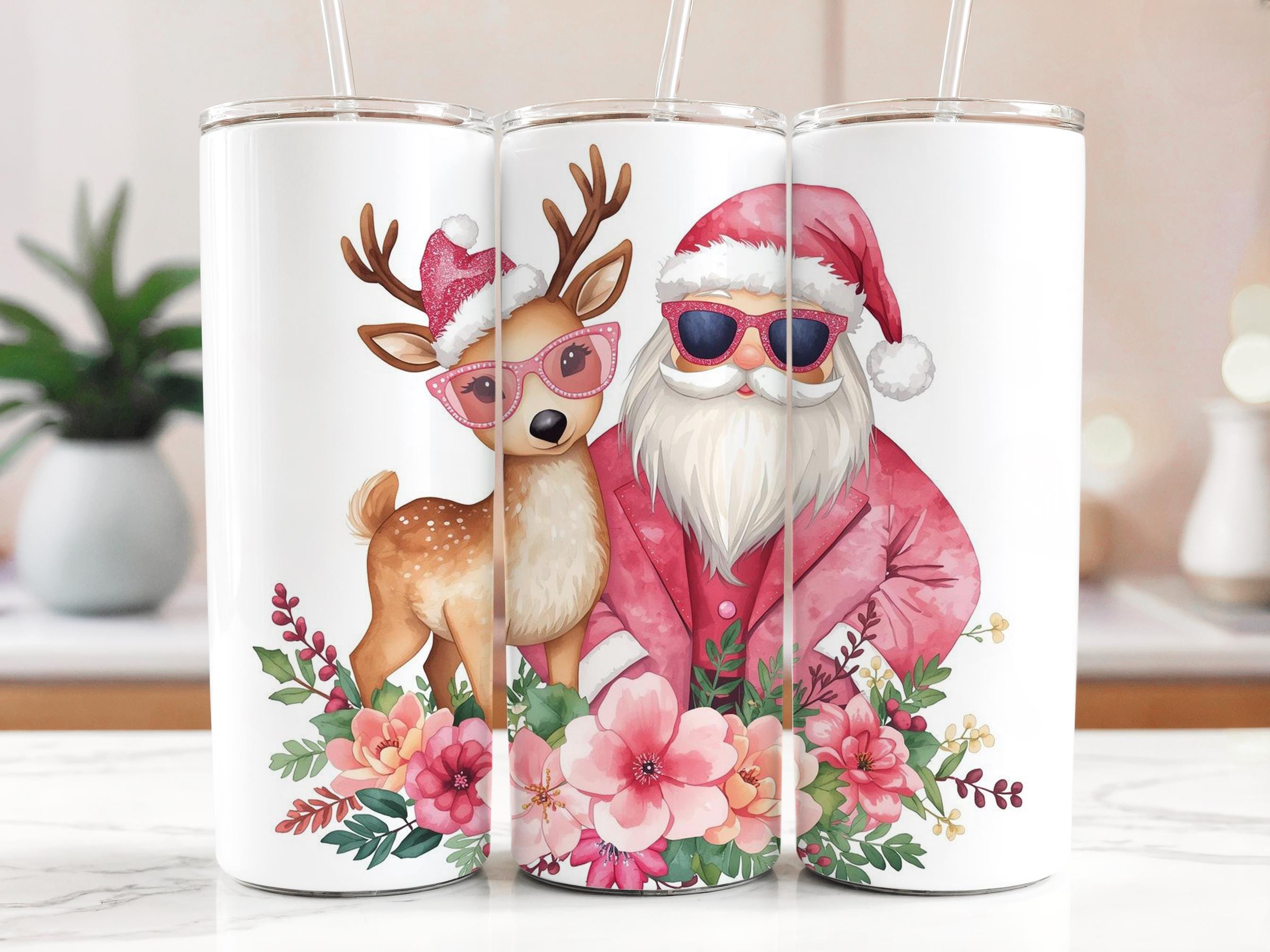 Cool Santa Reindeer Tumbler Wrap 20 oz, Pink Christmas Png, Festive Santa Holiday Design, Sunglasses Santa Tumbler Design