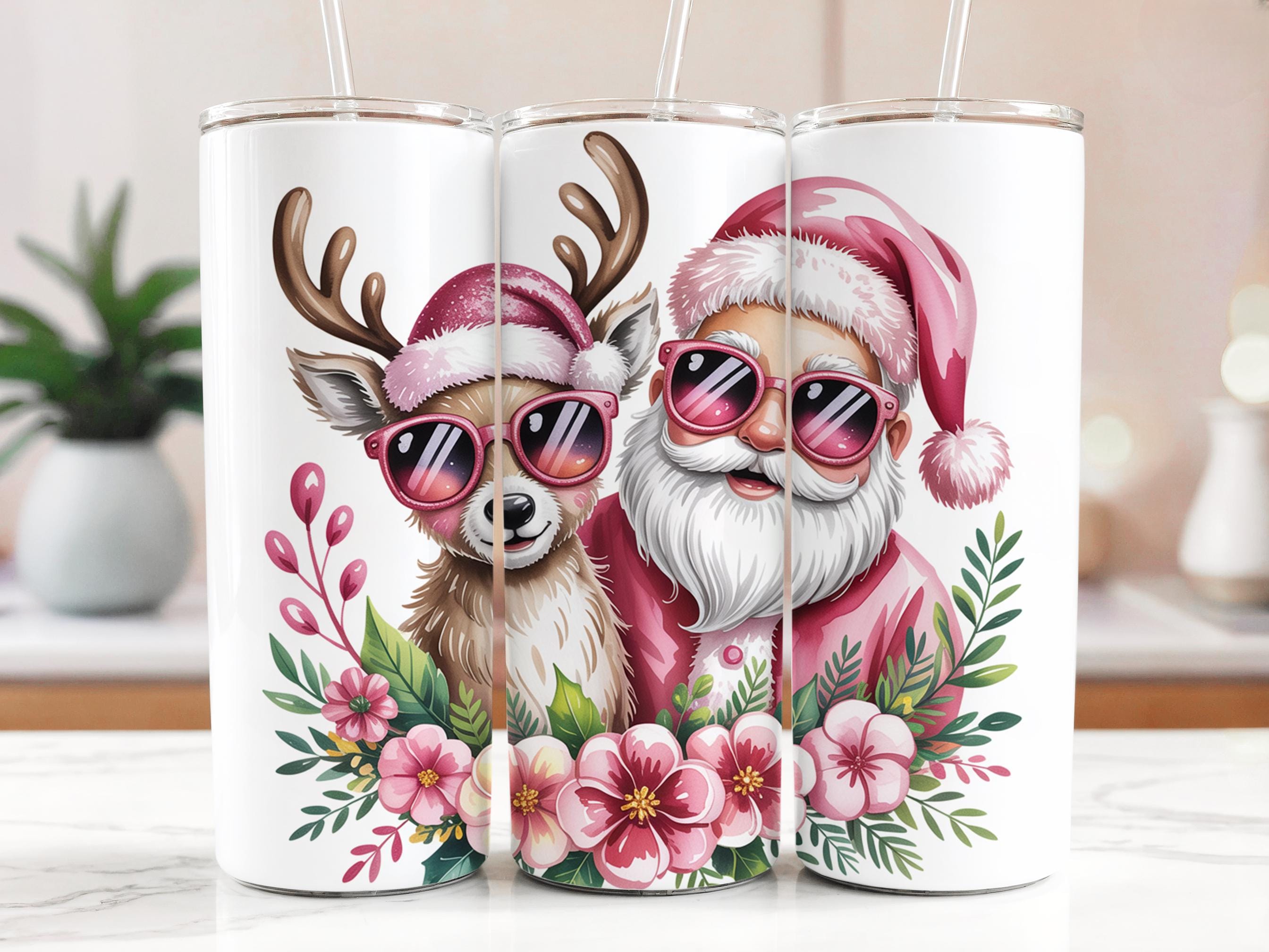 Cool Santa and Deer Tumbler Wrap 20 oz, Retro Christmas Design, Pink Santa Clipart, Sunglasses Holiday Gift