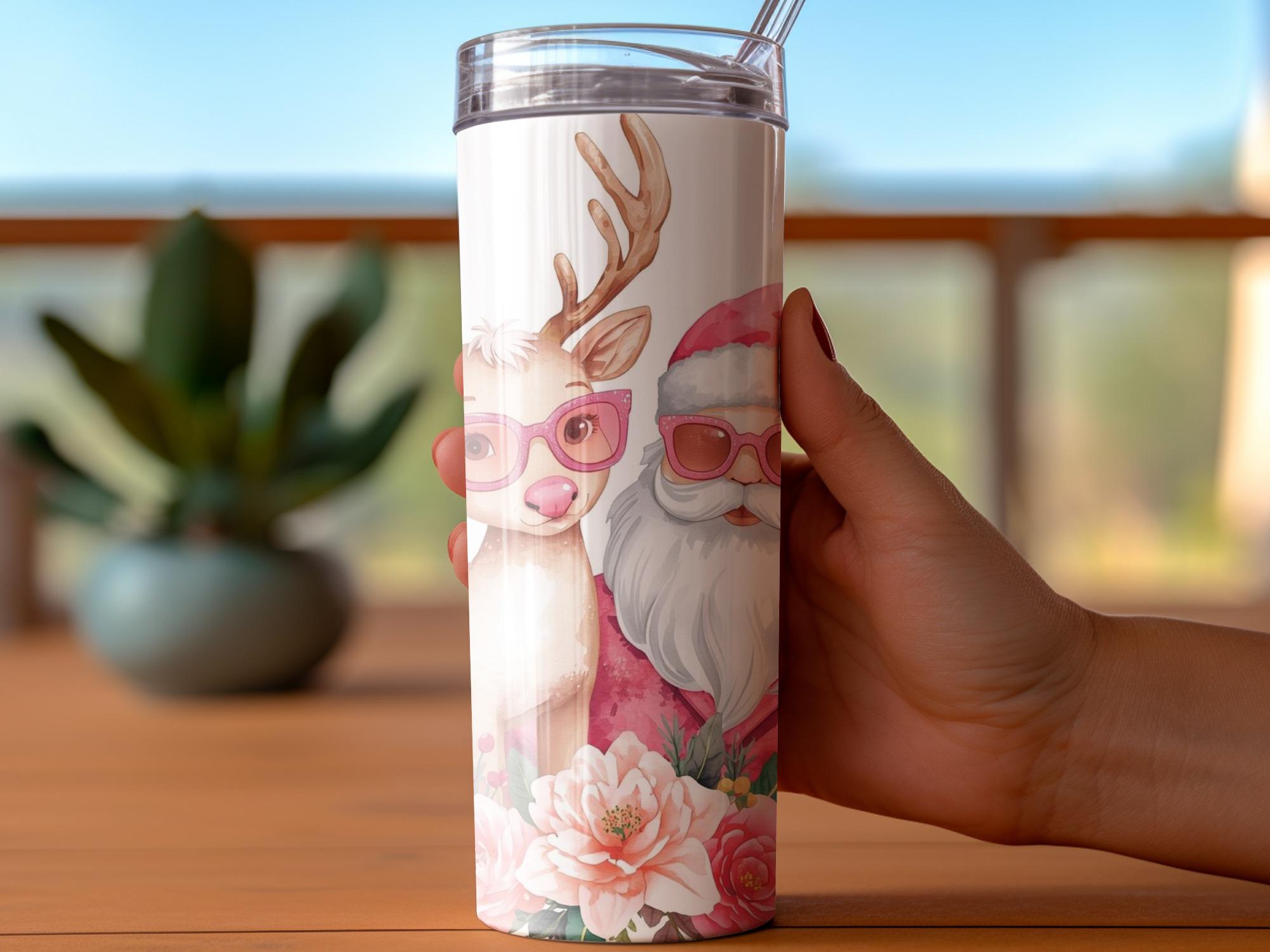 Pink Santa Reindeer Tumbler Wrap: Floral Christmas Design (PNG Digital Download)