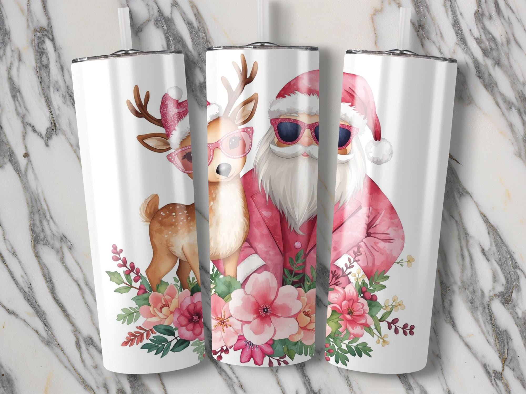 Cool Santa Reindeer Tumbler Wrap 20 oz, Pink Christmas Png, Festive Santa Holiday Design, Sunglasses Santa Tumbler Design