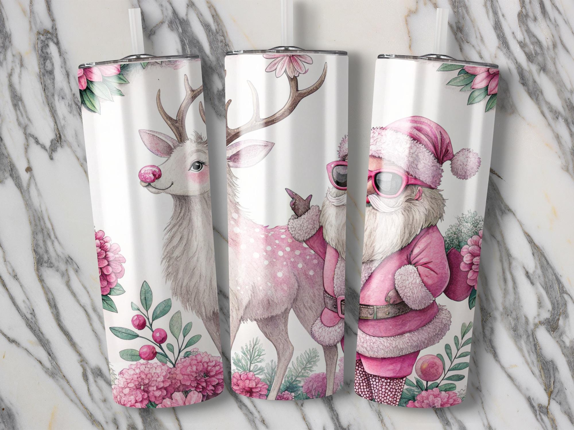Pink Retro Santa Reindeer Tumbler Wrap: Floral Christmas PNG (Digital Download)