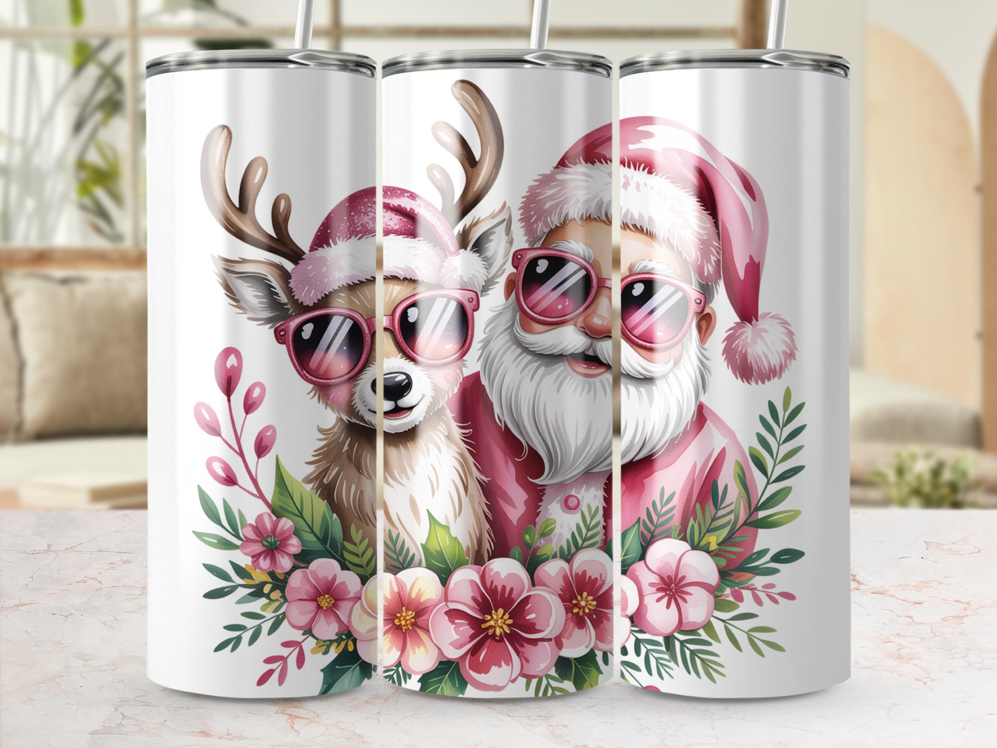 Cool Santa and Deer Tumbler Wrap 20 oz, Retro Christmas Design, Pink Santa Clipart, Sunglasses Holiday Gift