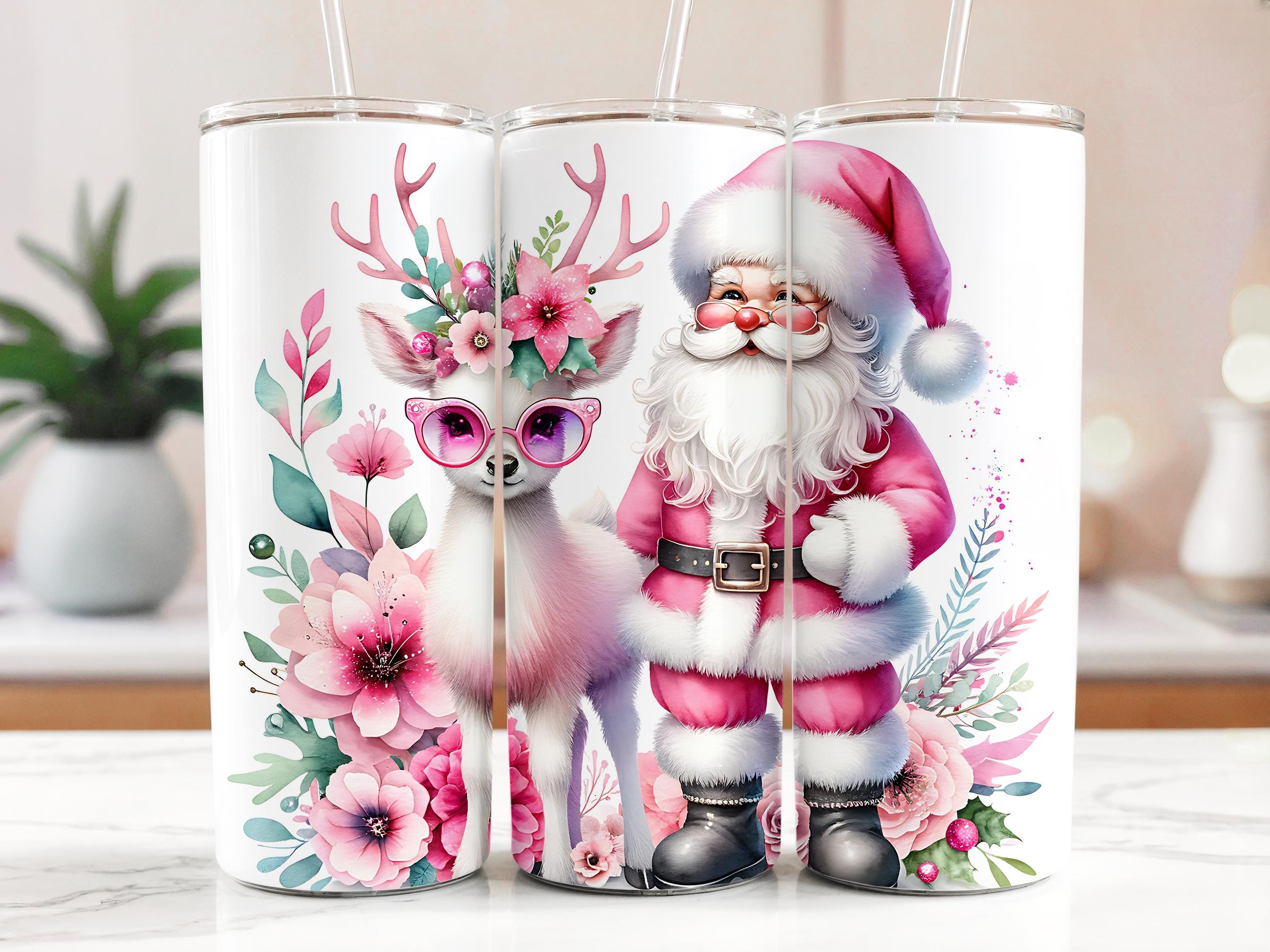 Floral Deer Santa Tumbler Wrap: 20oz Skinny Tumbler Sublimation (PNG Digital Download)