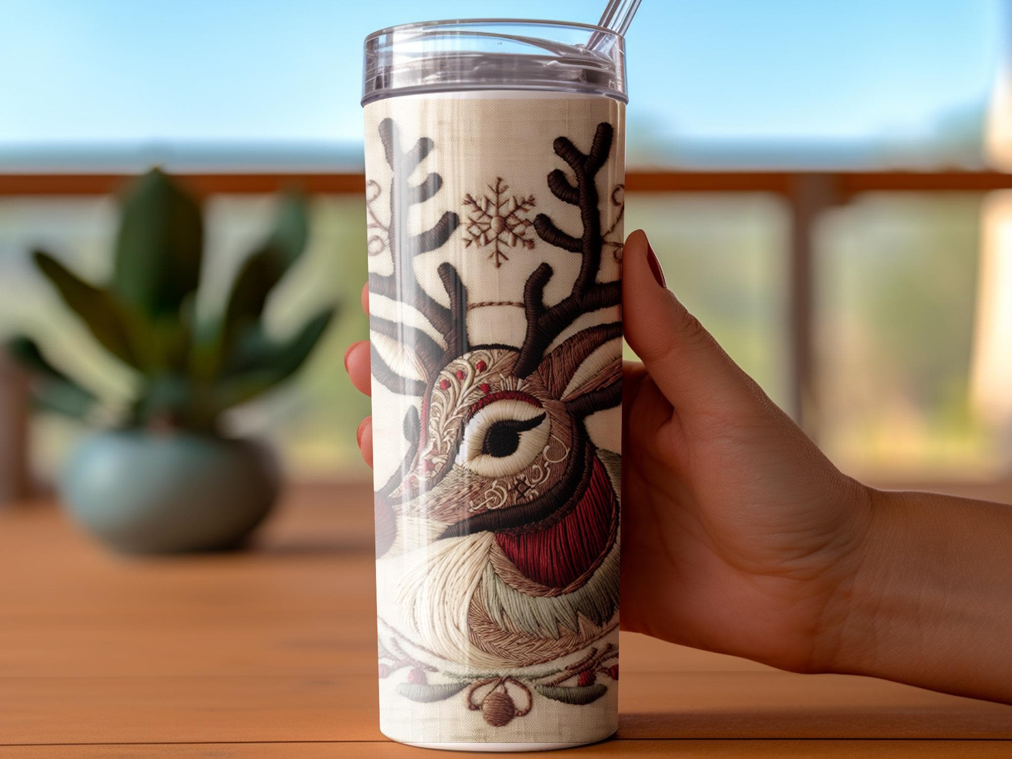 Embroidered Reindeer 20oz Tumbler Wrap: Christmas Holiday Design (Digital Download)