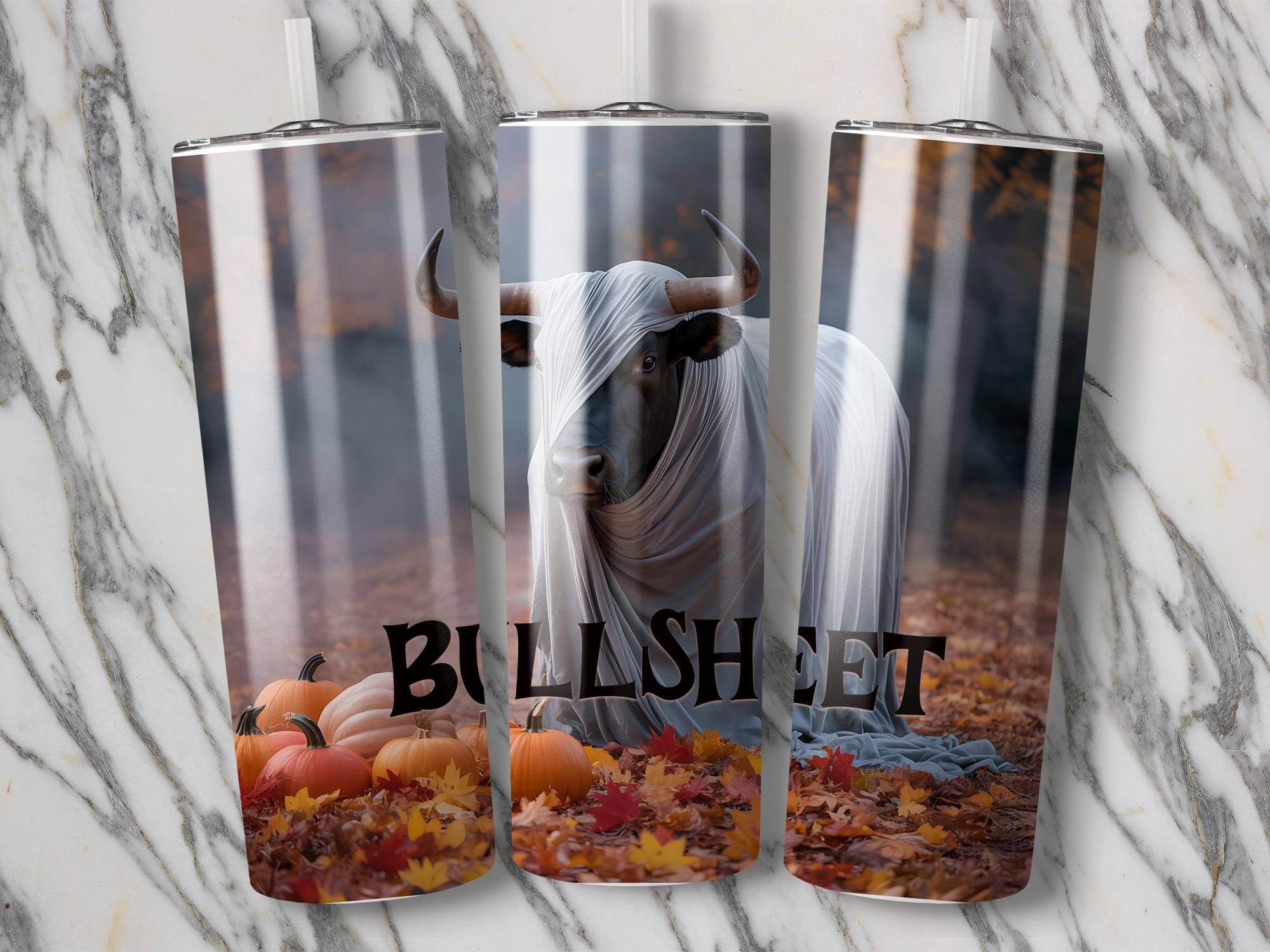 Funny Bull Ghost 20oz Tumbler Wrap: Halloween Pumpkin PNG (Digital Download)