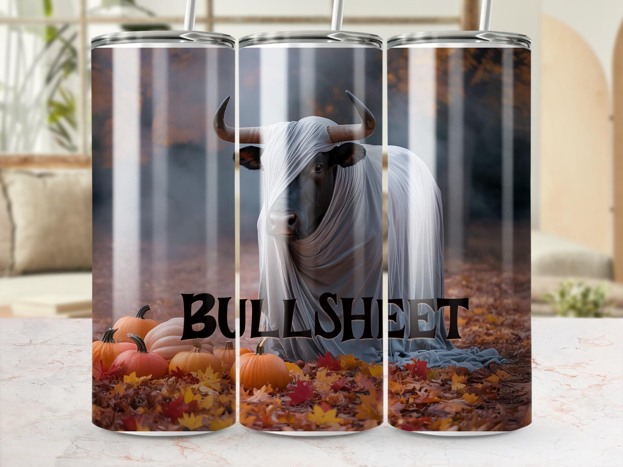 Funny Bull Ghost 20oz Tumbler Wrap: Halloween Pumpkin PNG (Digital Download)