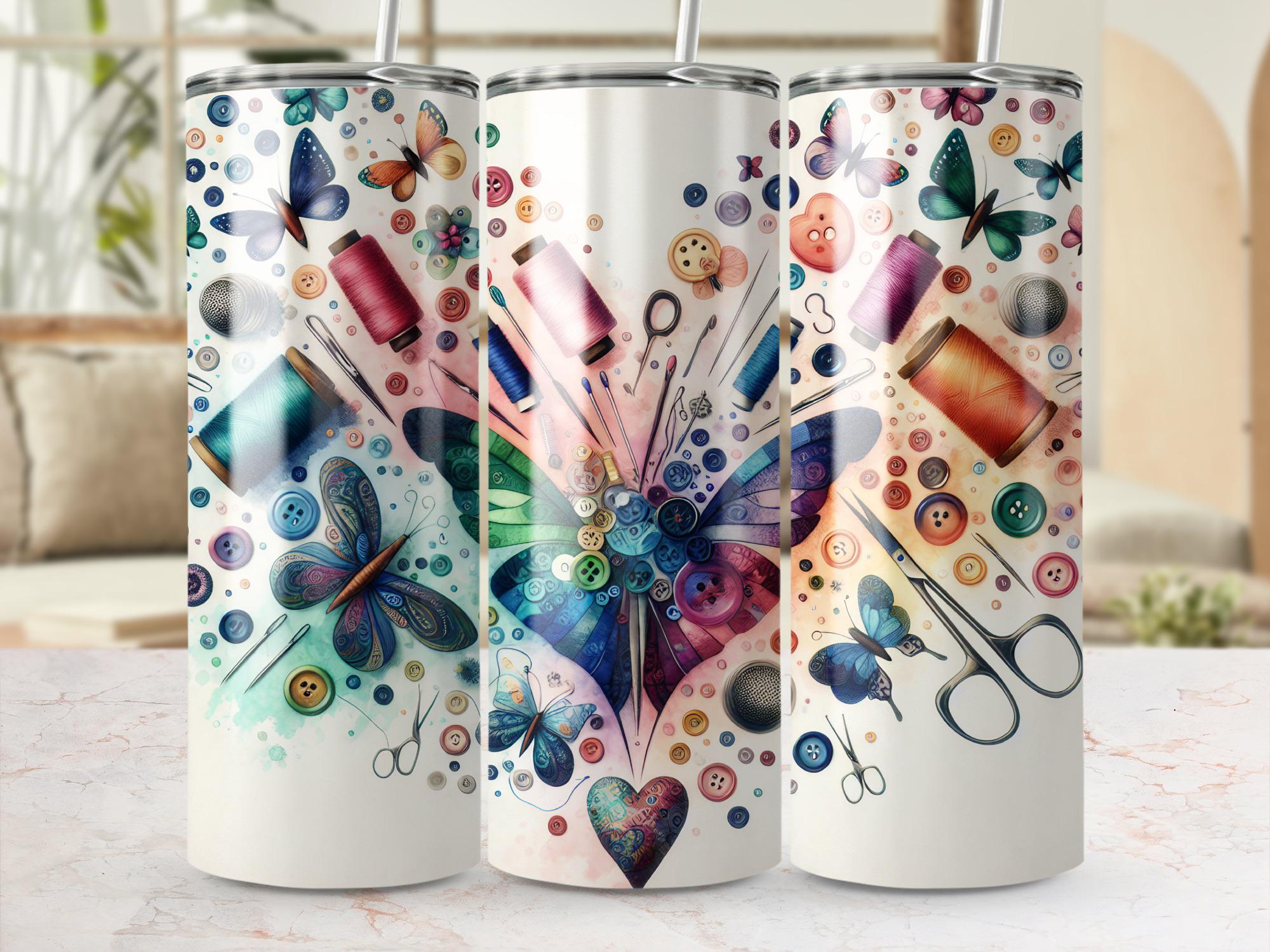 Butterfly Sewing Tumbler Wrap: 20oz Skinny Seamstress Design (Digital Download