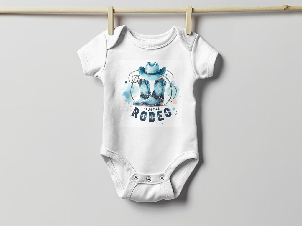 I Run This Rodeo Baby Onesie: Cowboy Boots, Western Outfit