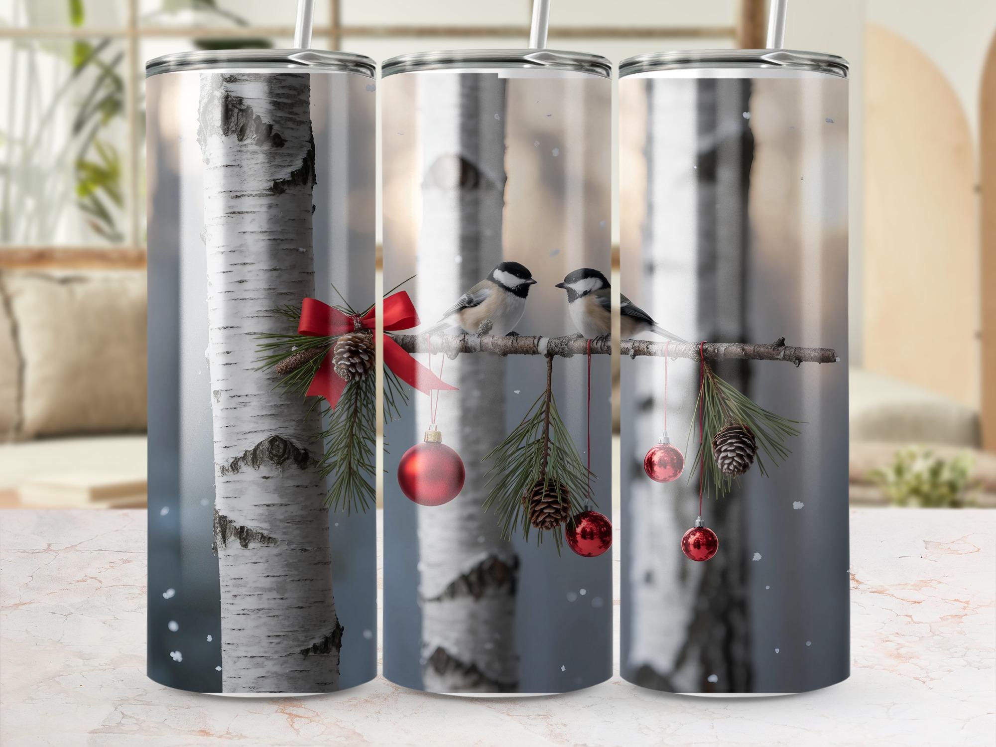 Winter Chickadee Tumbler Wrap: Christmas Ornament 20oz Skinny Tumbler PNG (Digital Download)