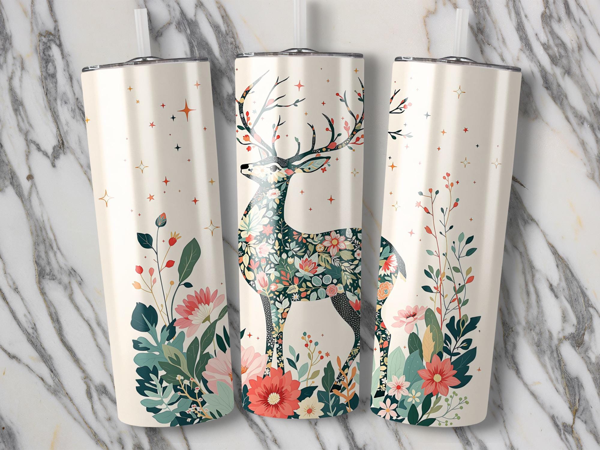 Floral Deer Tumbler Wrap: Boho PNG Sublimation Design (Digital Download)