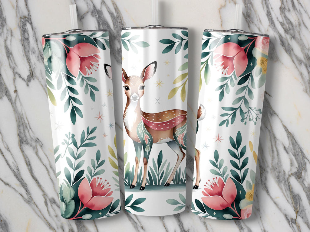 Floral Deer Tumbler Wrap: Watercolor Sublimation Design (PNG Digital Download 20oz Tumbler)