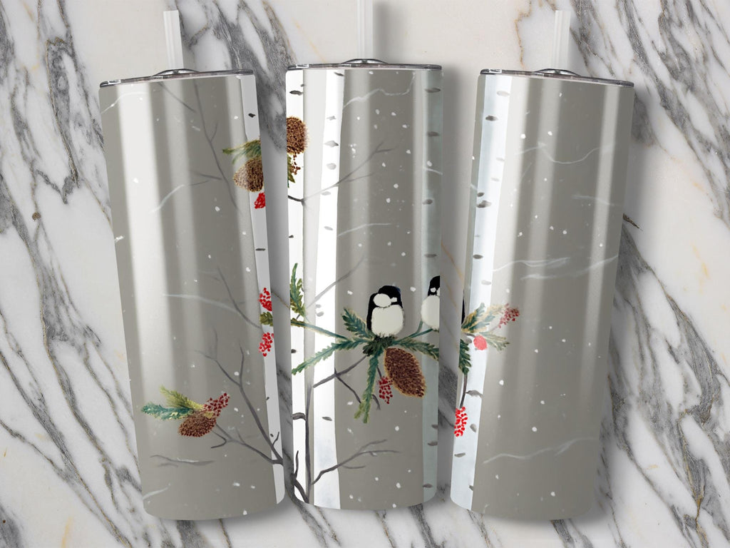 Chickadee Tumbler Wrap: Winter Bird, Birch Tree Design (Digital Download, 20oz PNG Files)