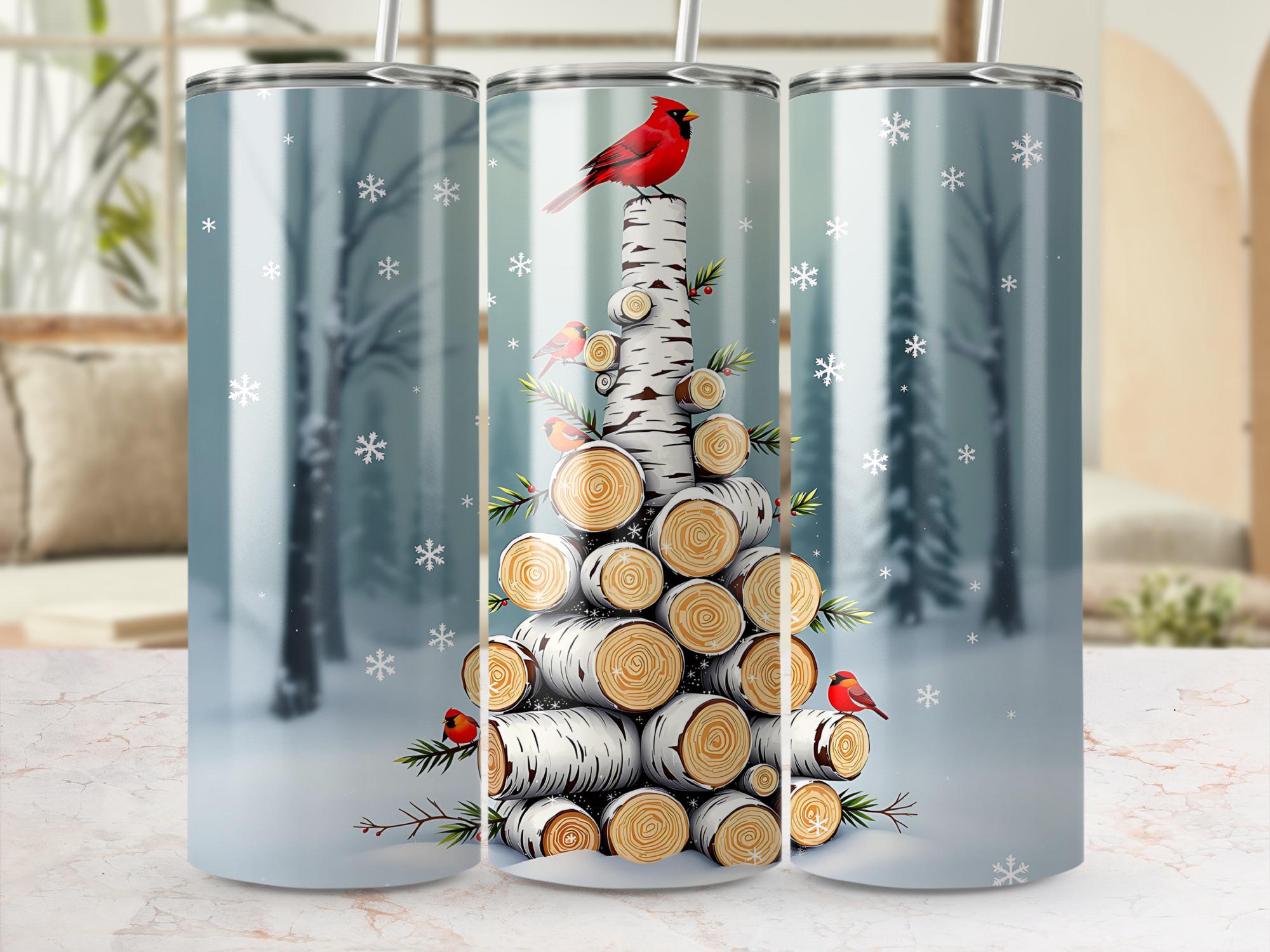 Cardinal Tumbler Wrap: Winter Bird Christmas Tree PNG (Digital Download)