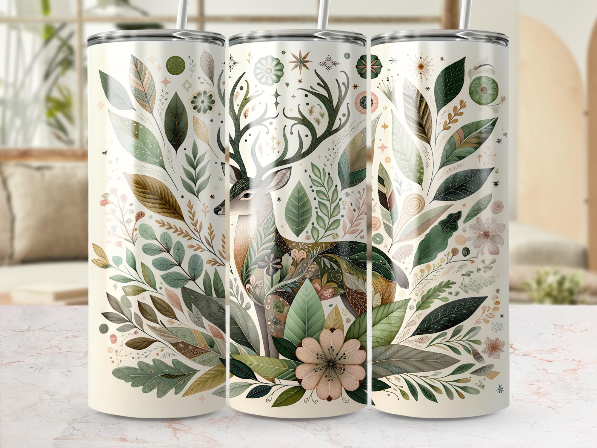 Floral Deer Tumbler Wrap: 20oz Skinny Tumbler Sublimation Design (PNG Digital Download)