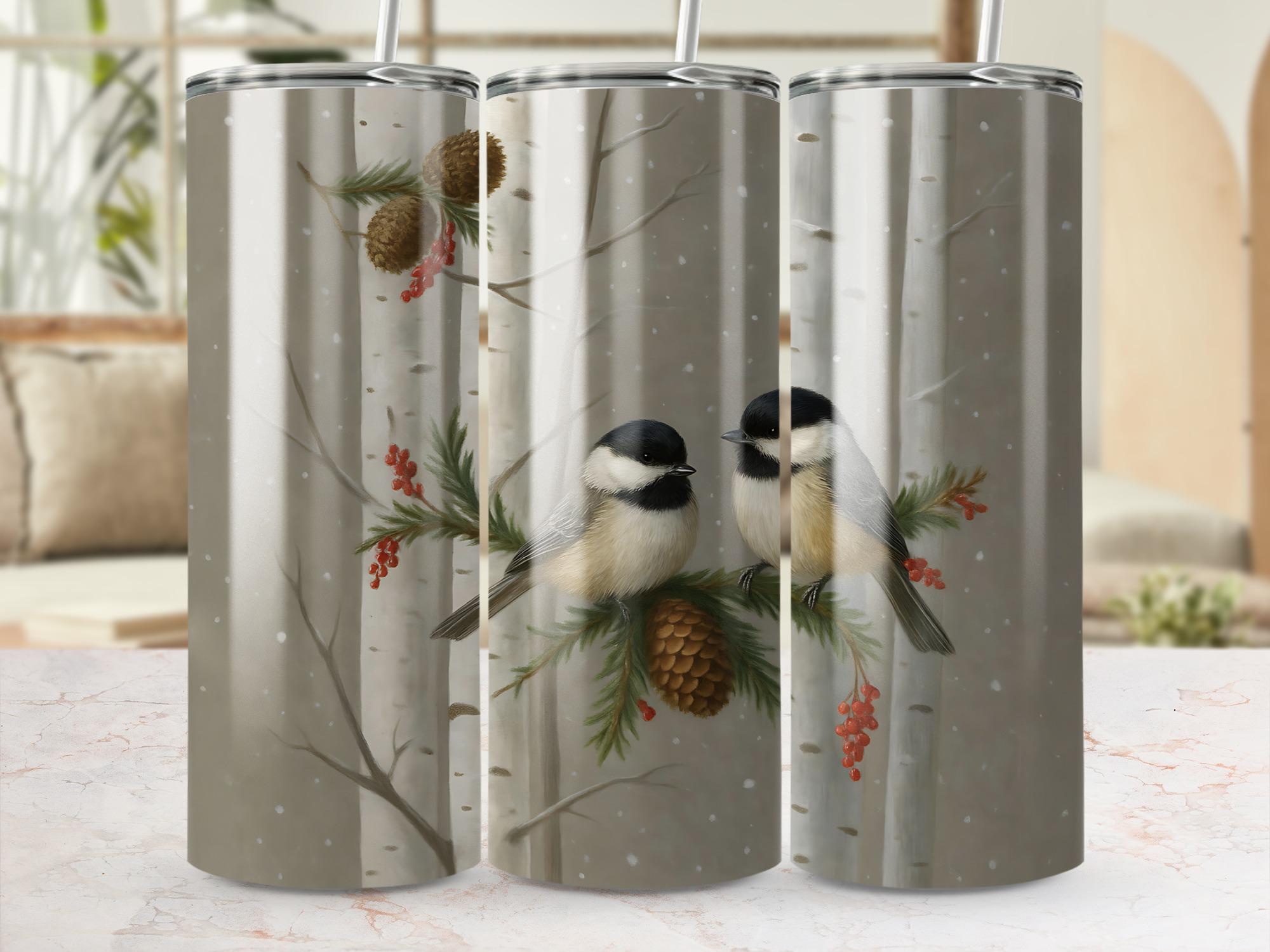 Winter Chickadee Tumbler Wrap: Birch Tree 20oz Skinny Tumbler PNG (Digital Download