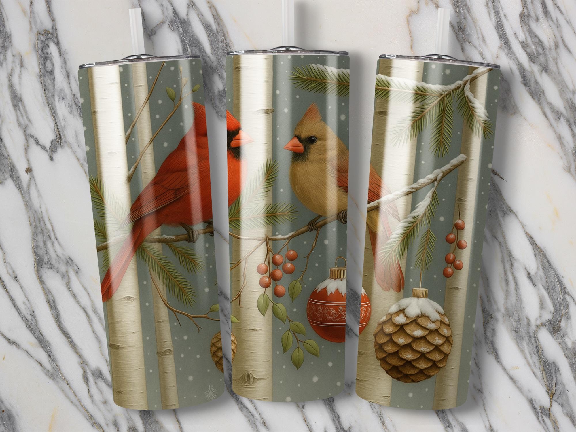 Cardinal Winter Scene Tumbler Wrap: Birch Tree PNG (Digital Download)