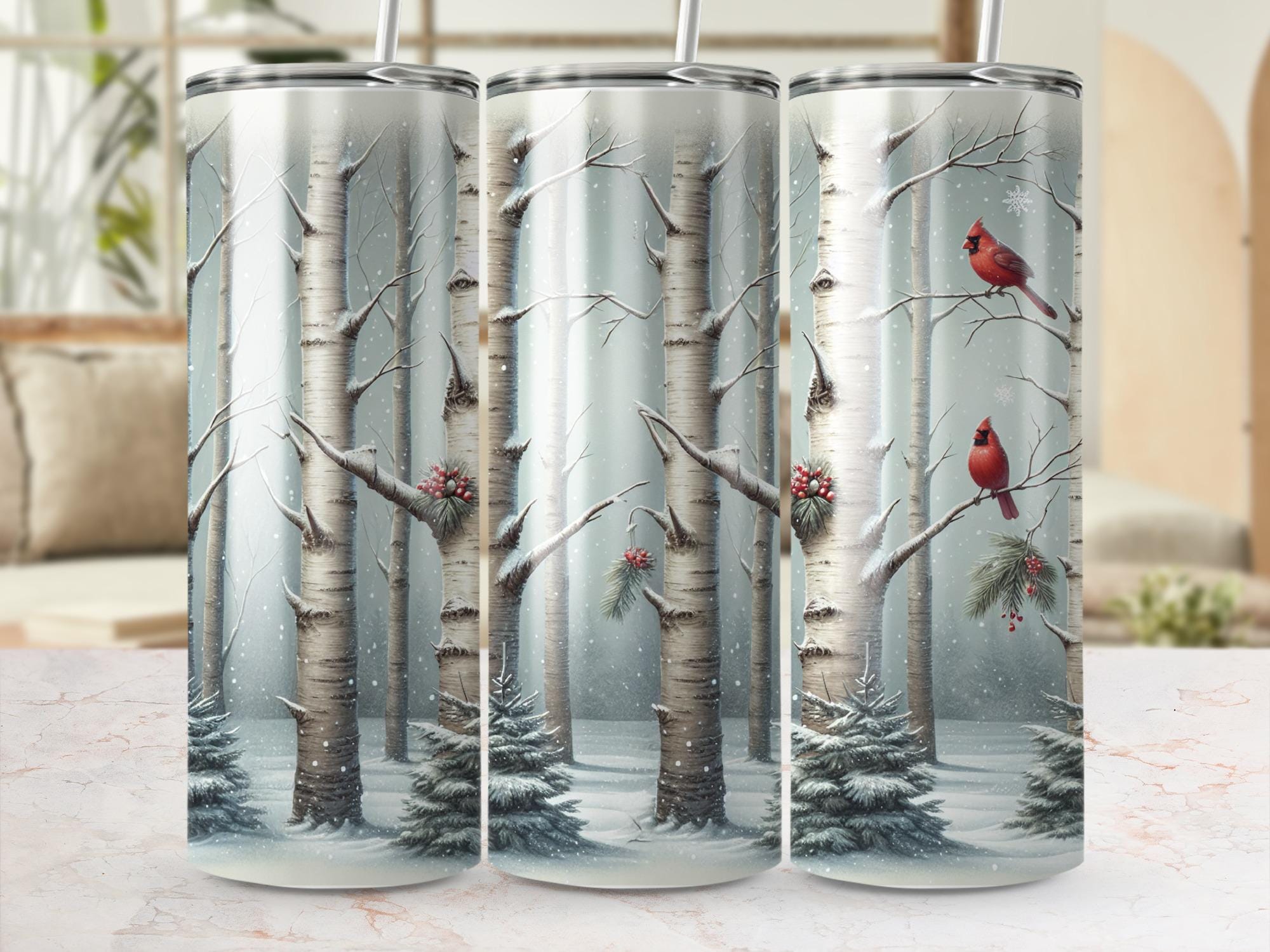 Cardinal Winter Scene Tumbler Wrap: Snowy Birch Tree PNG (Digital Download 20oz Tumbler Design)