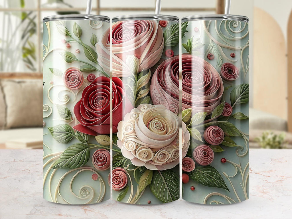 Rose Tumbler Wrap: Paper Quilling Floral Design (Digital Download PNG, 20oz Skinny Tumbler Sublimation)