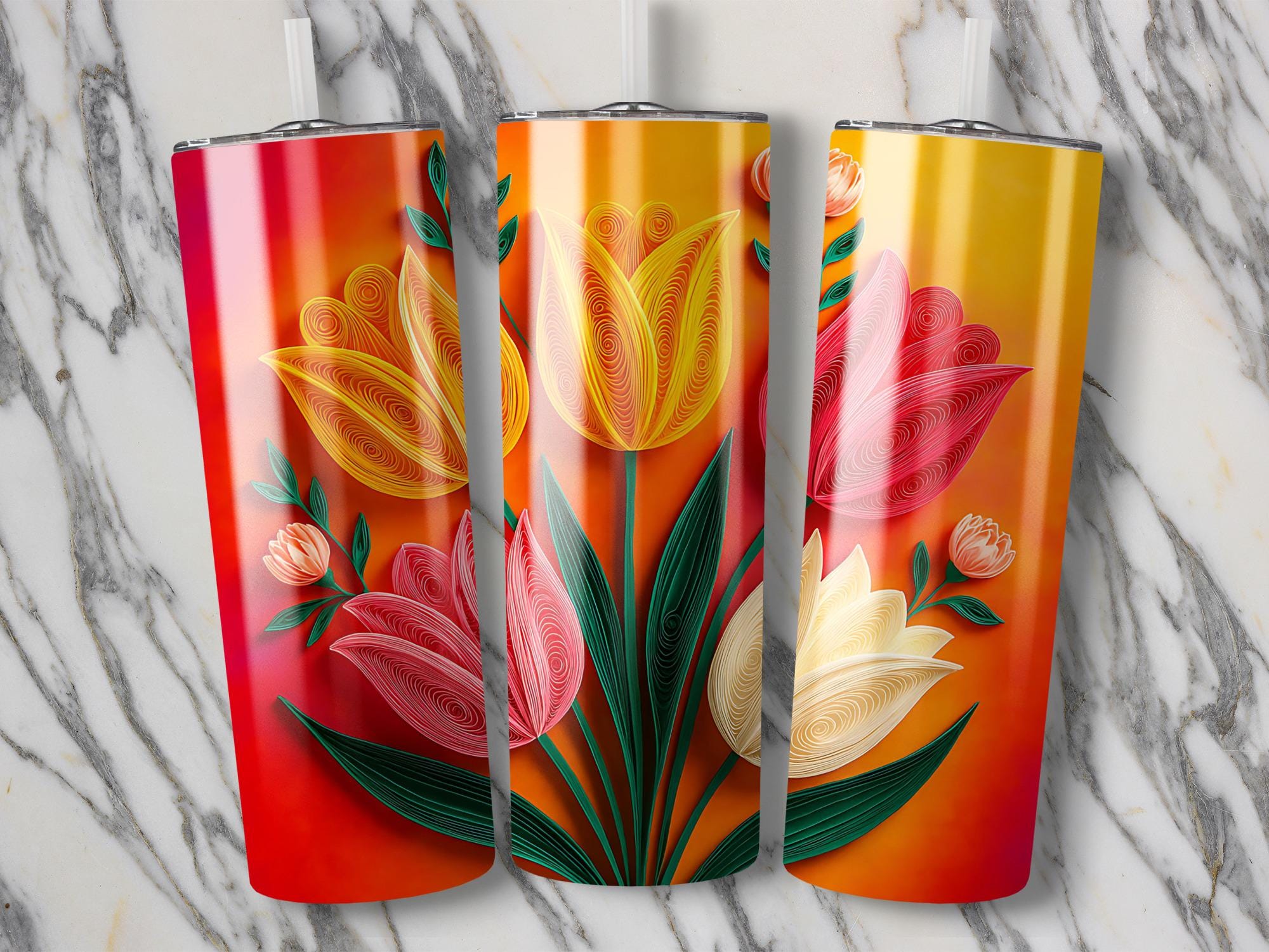 Paper Quilling Tumbler Wrap, Floral Tumbler PNG, Flower Sublimation Design, Colorful Tulip Tumbler, 20oz Skinny Tumbler, Digital Download