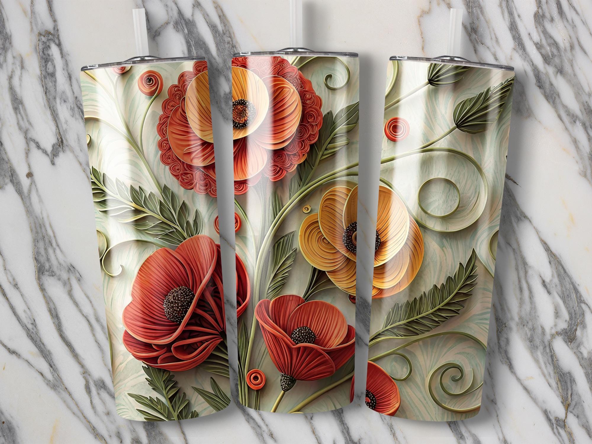 Poppy Tumbler Wrap: Paper Quilled Flower Sublimation Design (PNG Digital Download)