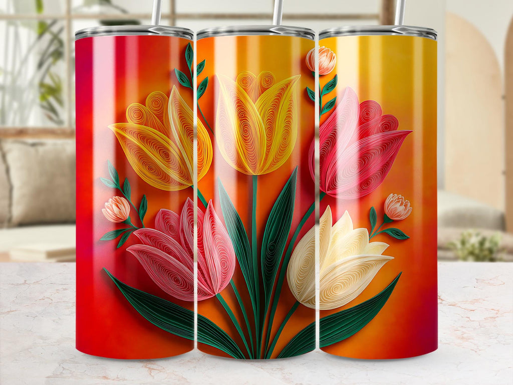 Paper Quilling Tumbler Wrap, Floral Tumbler PNG, Flower Sublimation Design, Colorful Tulip Tumbler, 20oz Skinny Tumbler, Digital Download