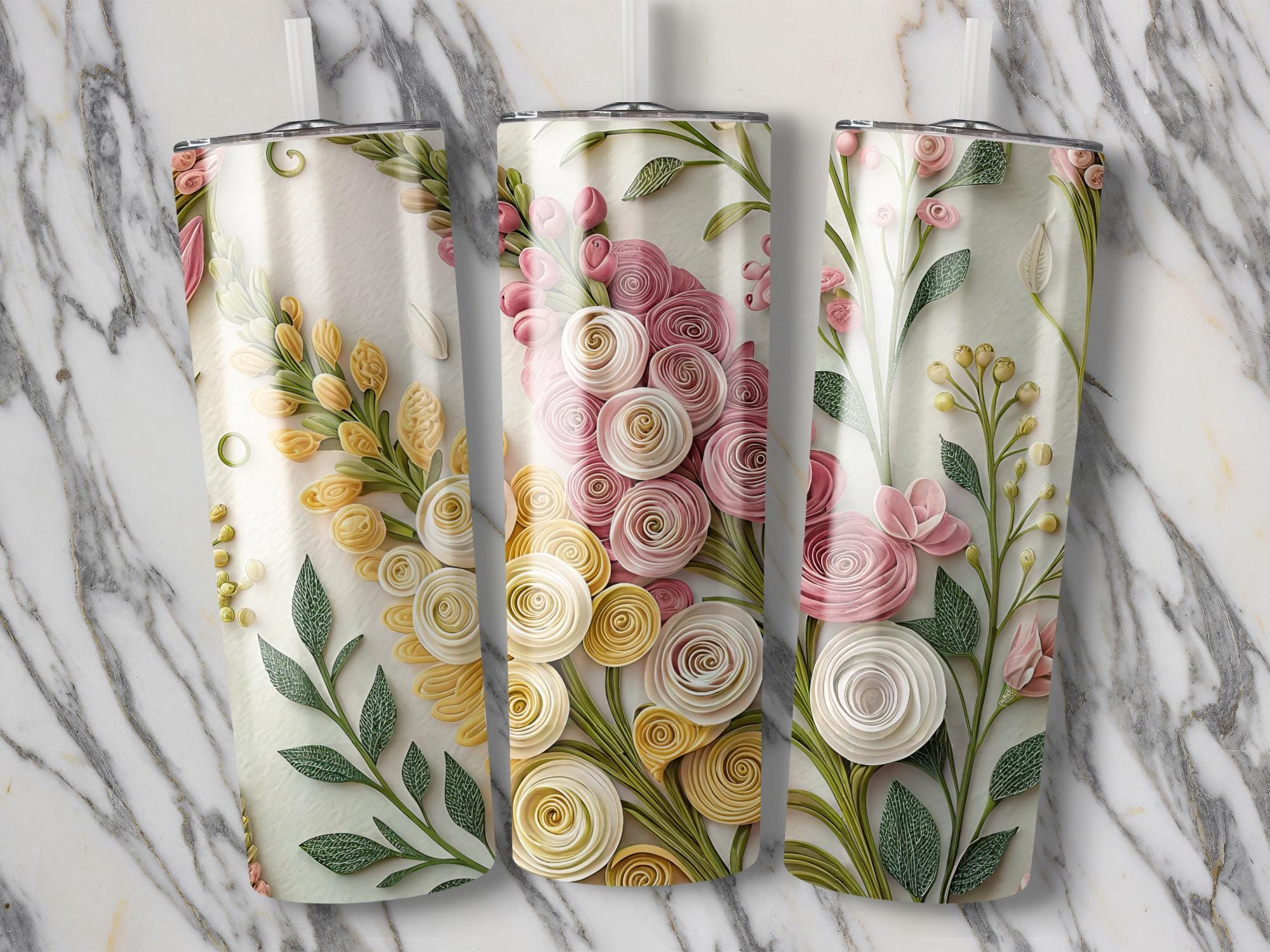 Quilled Flower Tumbler Wrap: Paper Filigree Sublimation Design (Digital Download)