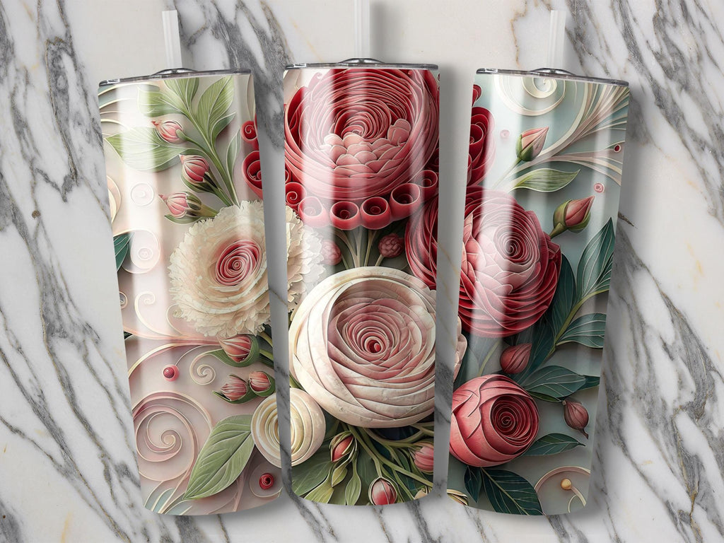 Quilled Roses Tumbler Wrap: Elegant Floral Sublimation Design (PNG Digital Download)