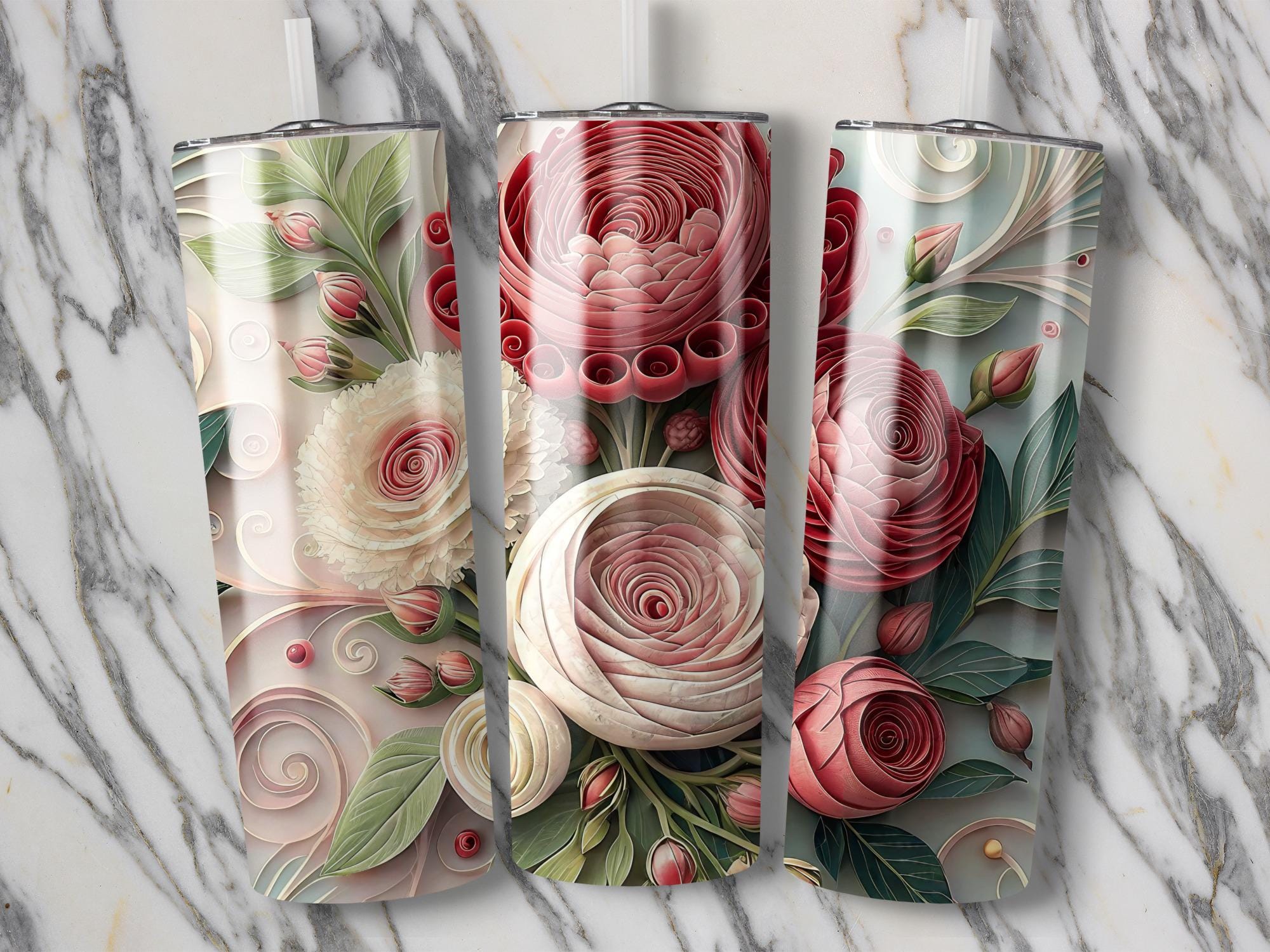 Quilled Roses Tumbler Wrap: Elegant Floral Sublimation Design (PNG Digital Download)