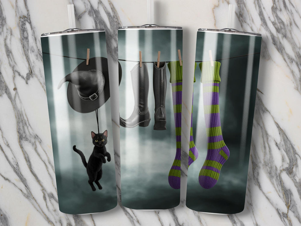 Witch Tumbler Wrap: Halloween Cat & Apparel Design (PNG Digital Download 20oz Skinny Tumbler Template)