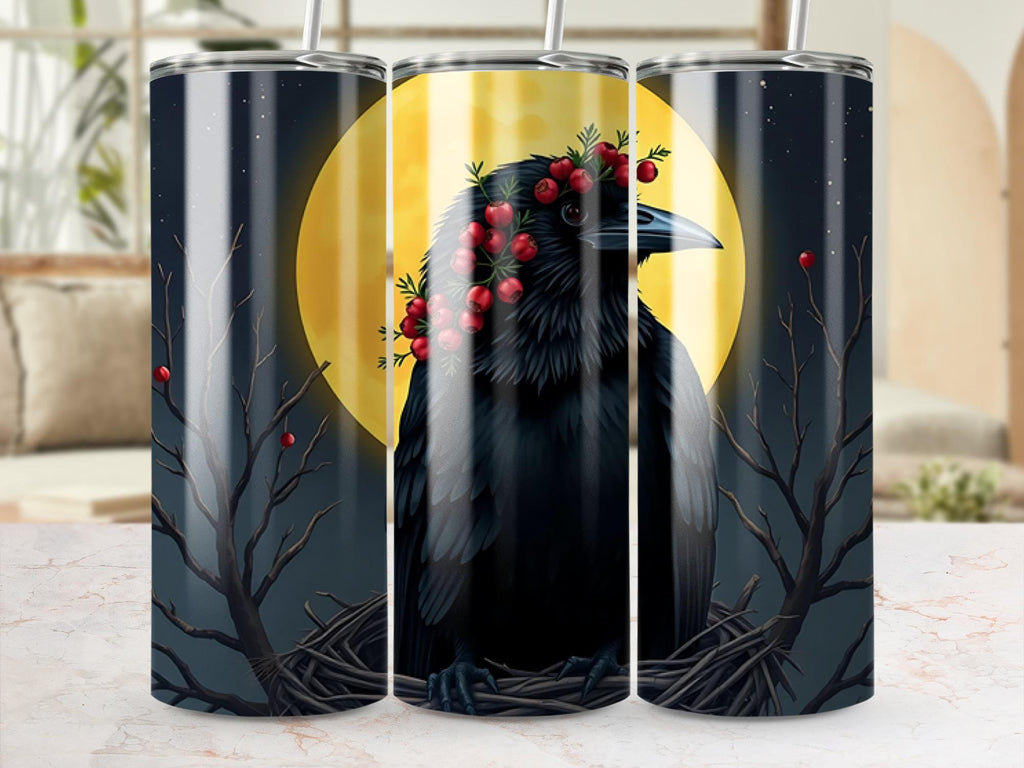 Raven Tumbler Wrap: Crow, Full Moon, Berry Wreath (Digital Download, 20oz Tumbler PNG Files)