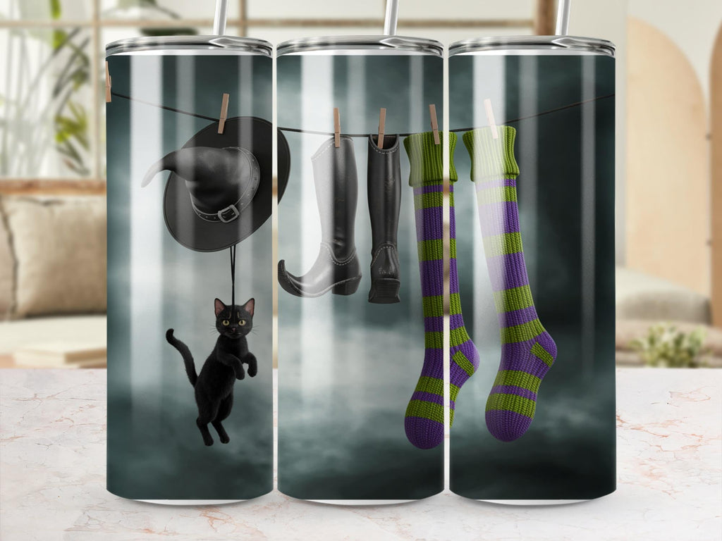 Witch Tumbler Wrap: Halloween Cat & Apparel Design (PNG Digital Download 20oz Skinny Tumbler Template)