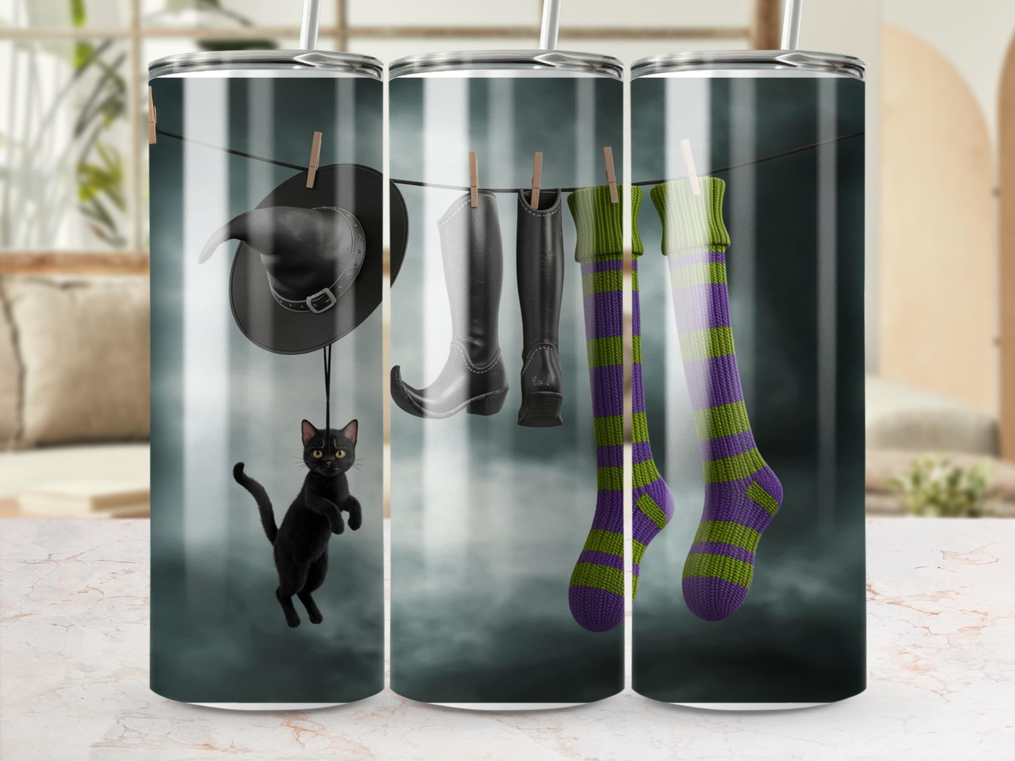 Witch Tumbler Wrap: Halloween Cat & Apparel Design (PNG Digital Download 20oz Skinny Tumbler Template)