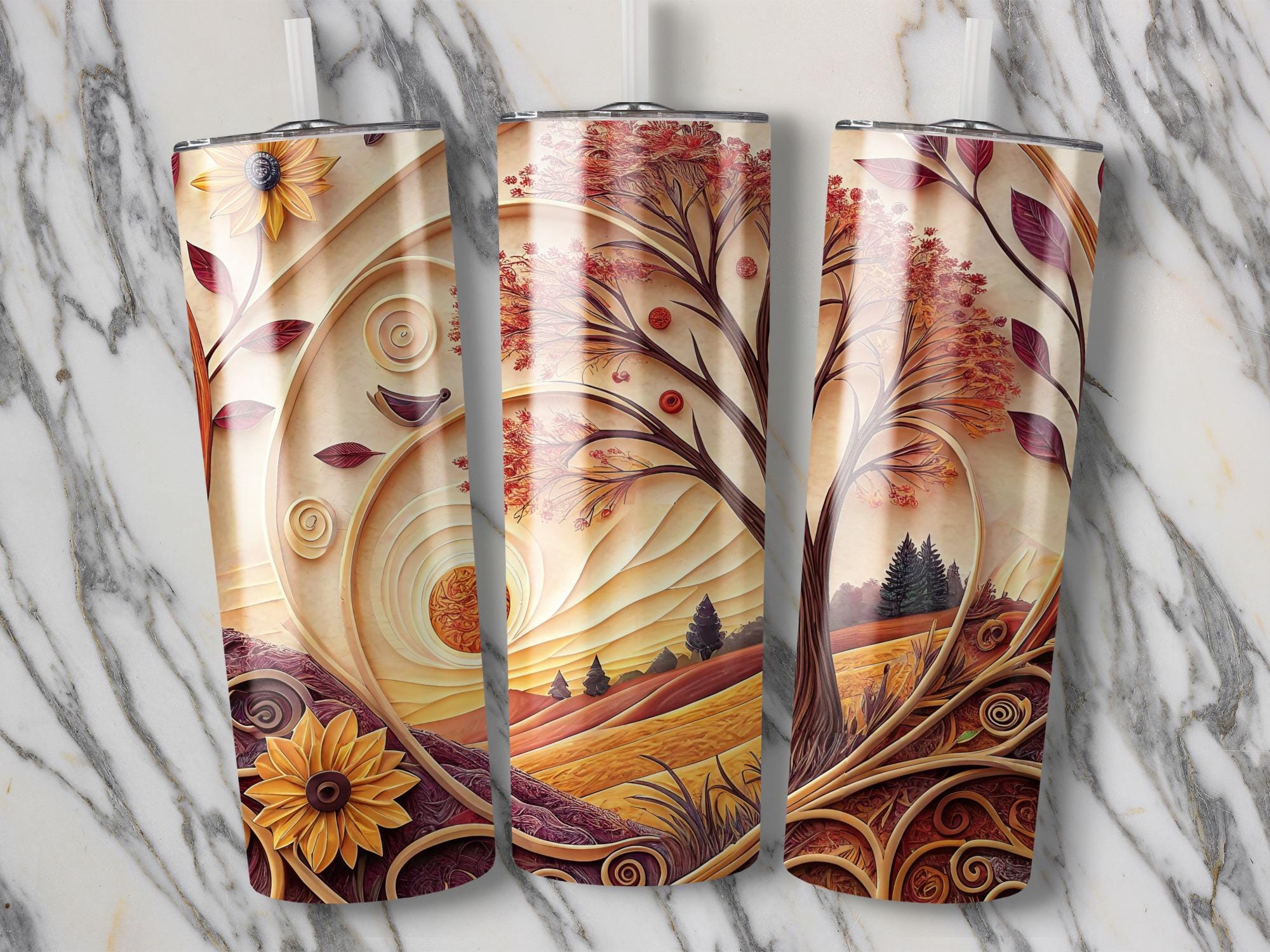 Autumn Tree Tumbler Wrap: Sunflower Sunset Landscape (PNG Digital Download for 20oz Tumbler)