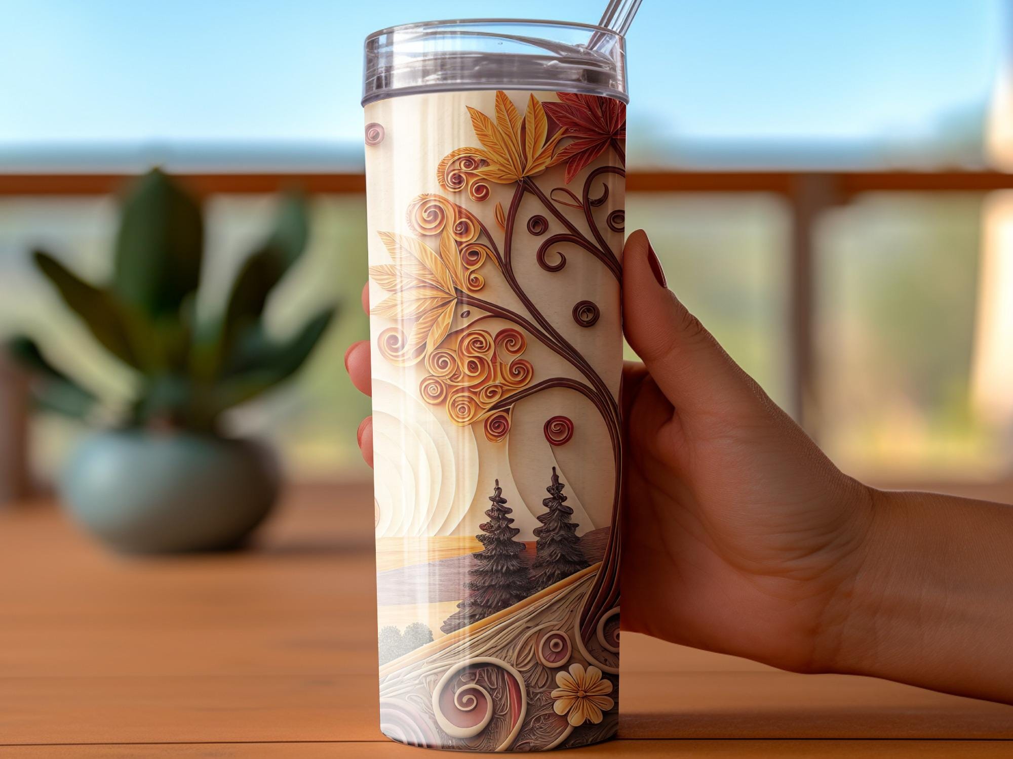 Autumn Tree Tumbler Wrap: Fall Leaves Quilling Art (PNG Digital Download)