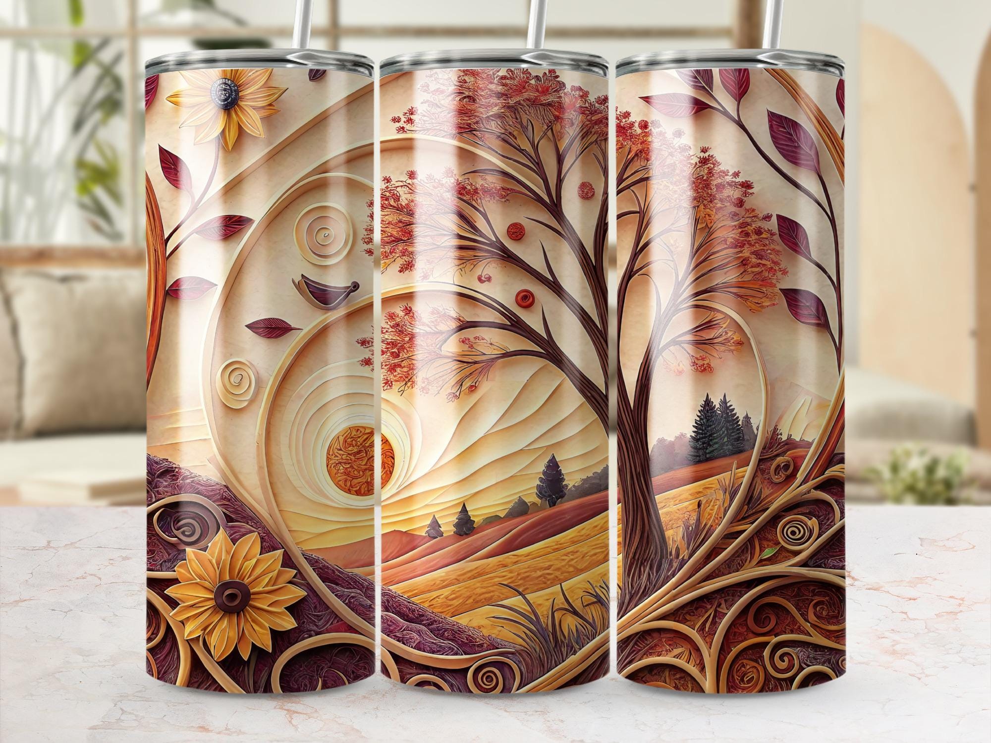 Autumn Tree Tumbler Wrap: Sunflower Sunset Landscape (PNG Digital Download for 20oz Tumbler)