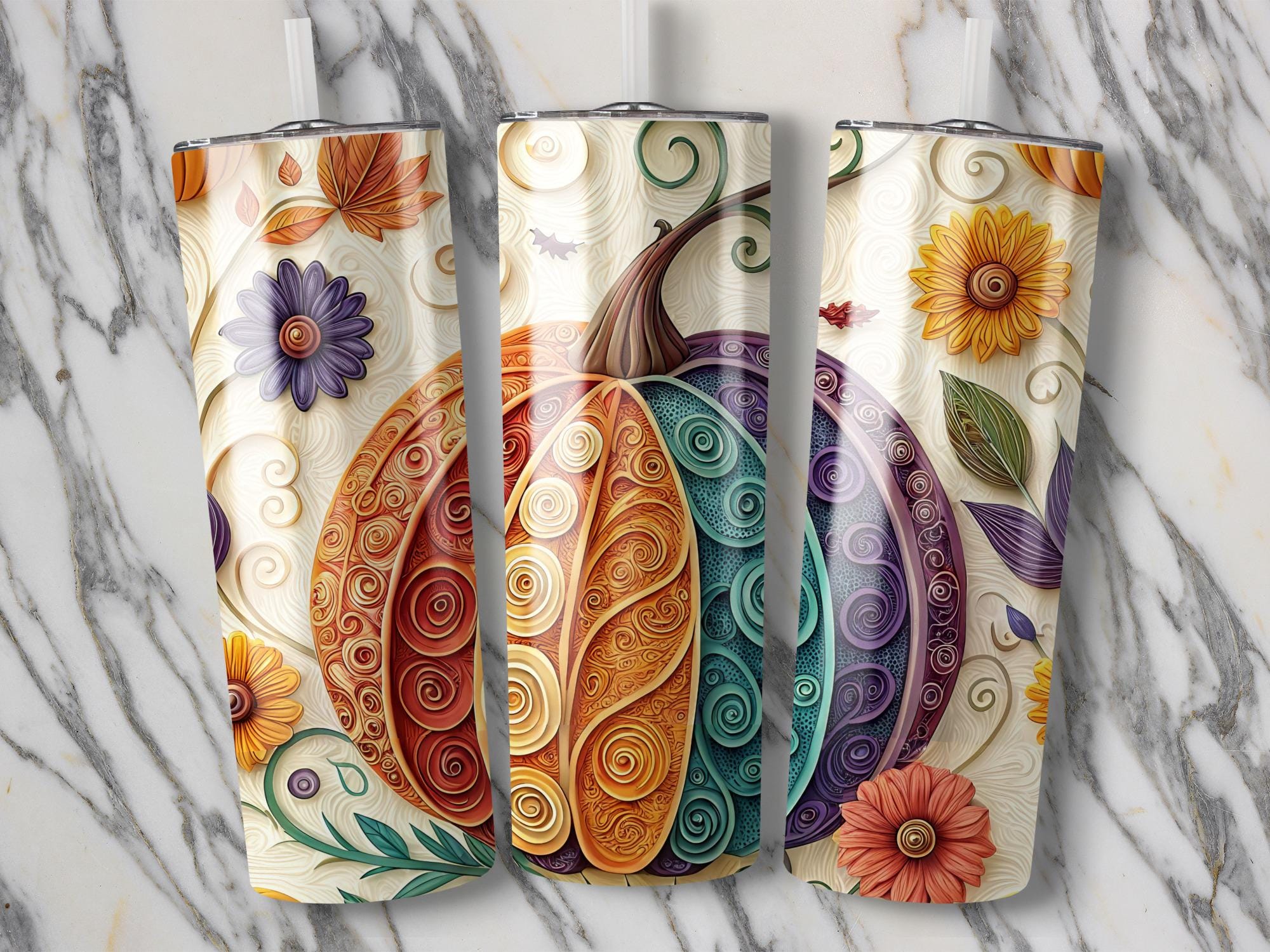 Pumpkin Tumbler Wrap: Colorful Fall Floral Design (Digital Download PNG, 20oz Skinny Tumbler)