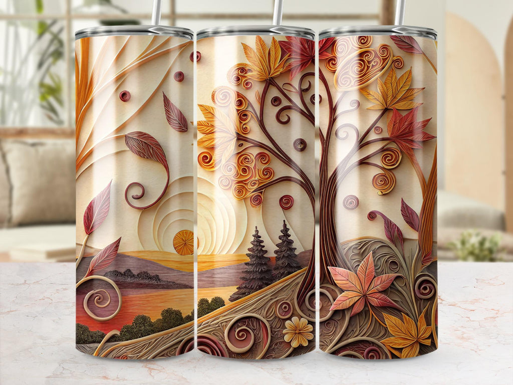 Autumn Tree Tumbler Wrap: Fall Leaves Quilling Art (PNG Digital Download)