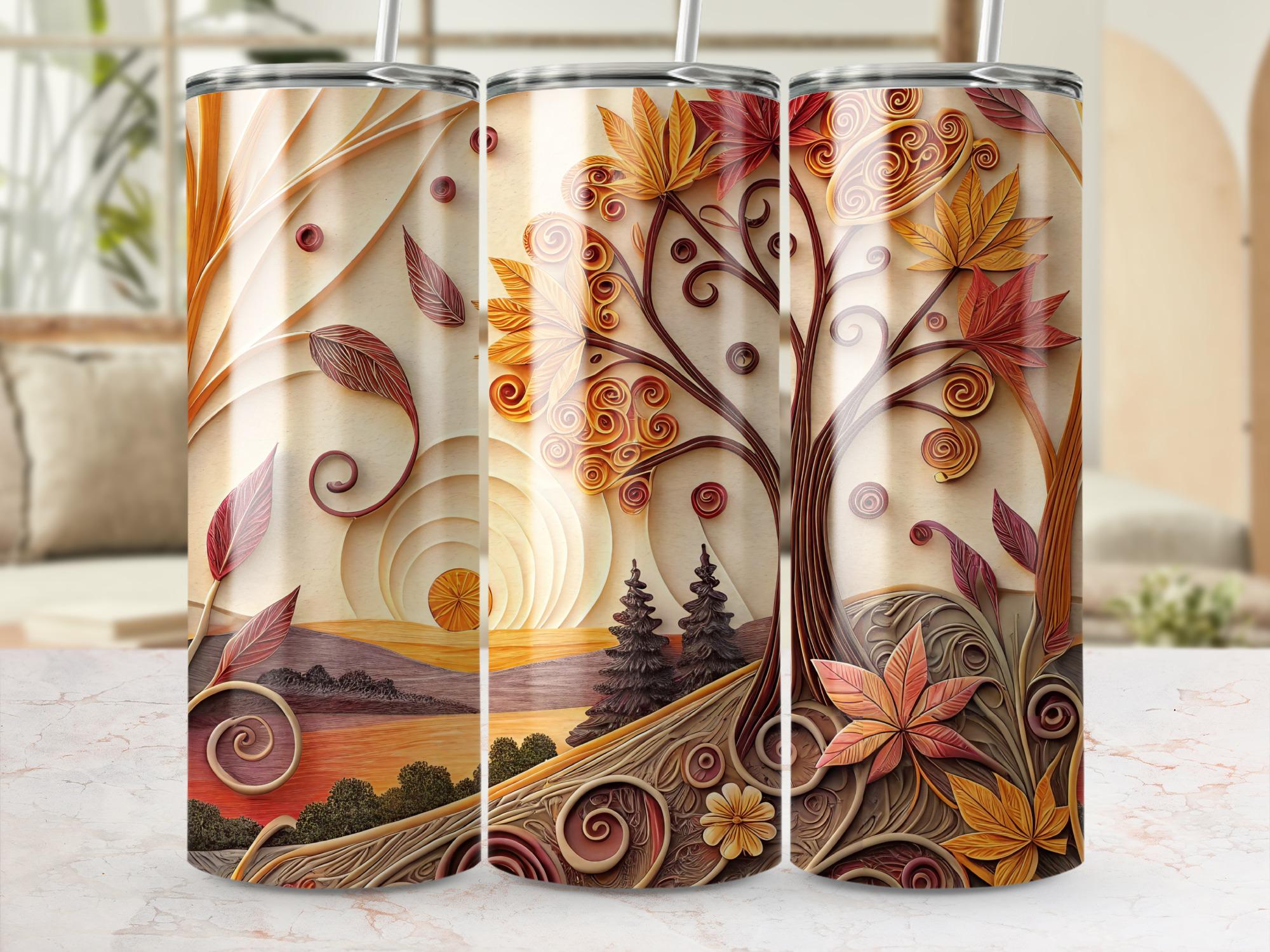 Autumn Tree Tumbler Wrap: Fall Leaves Quilling Art (PNG Digital Download)