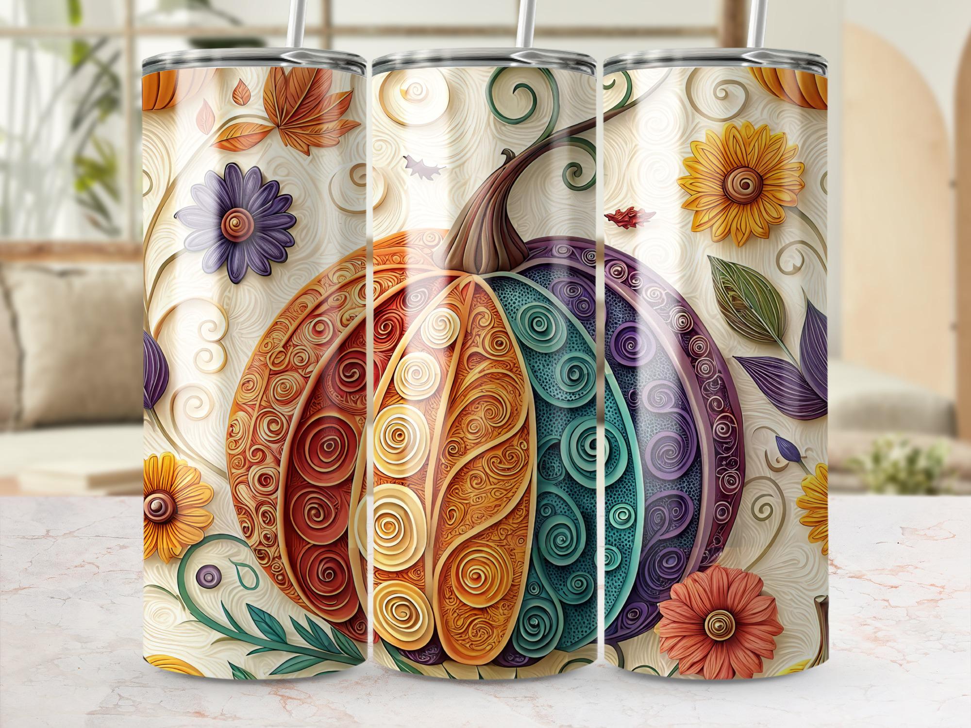 Pumpkin Tumbler Wrap: Colorful Fall Floral Design (Digital Download PNG, 20oz Skinny Tumbler)