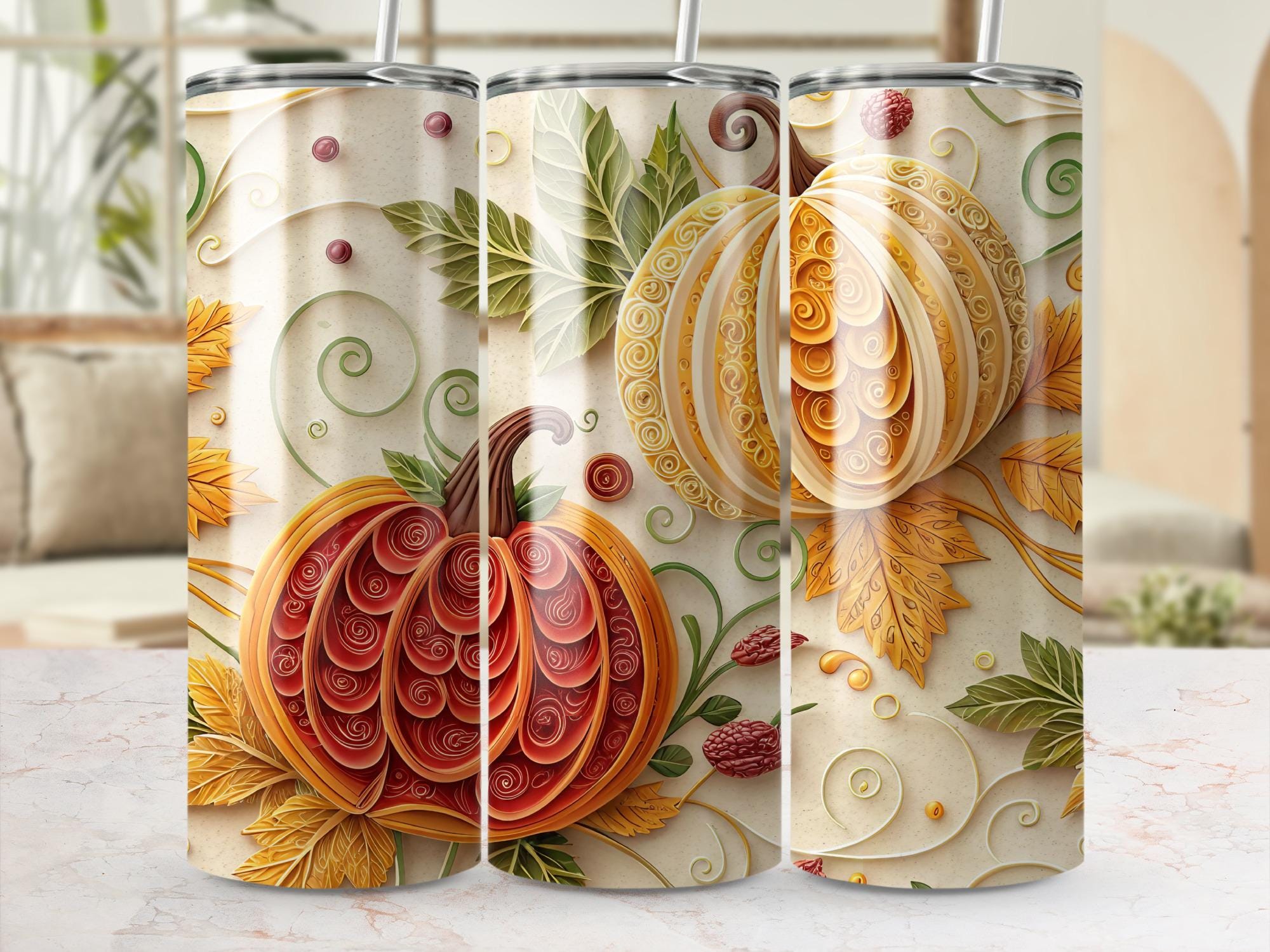 Fall Pumpkin Tumbler Wrap: Autumn Leaves Sublimation Design (Digital Download)
